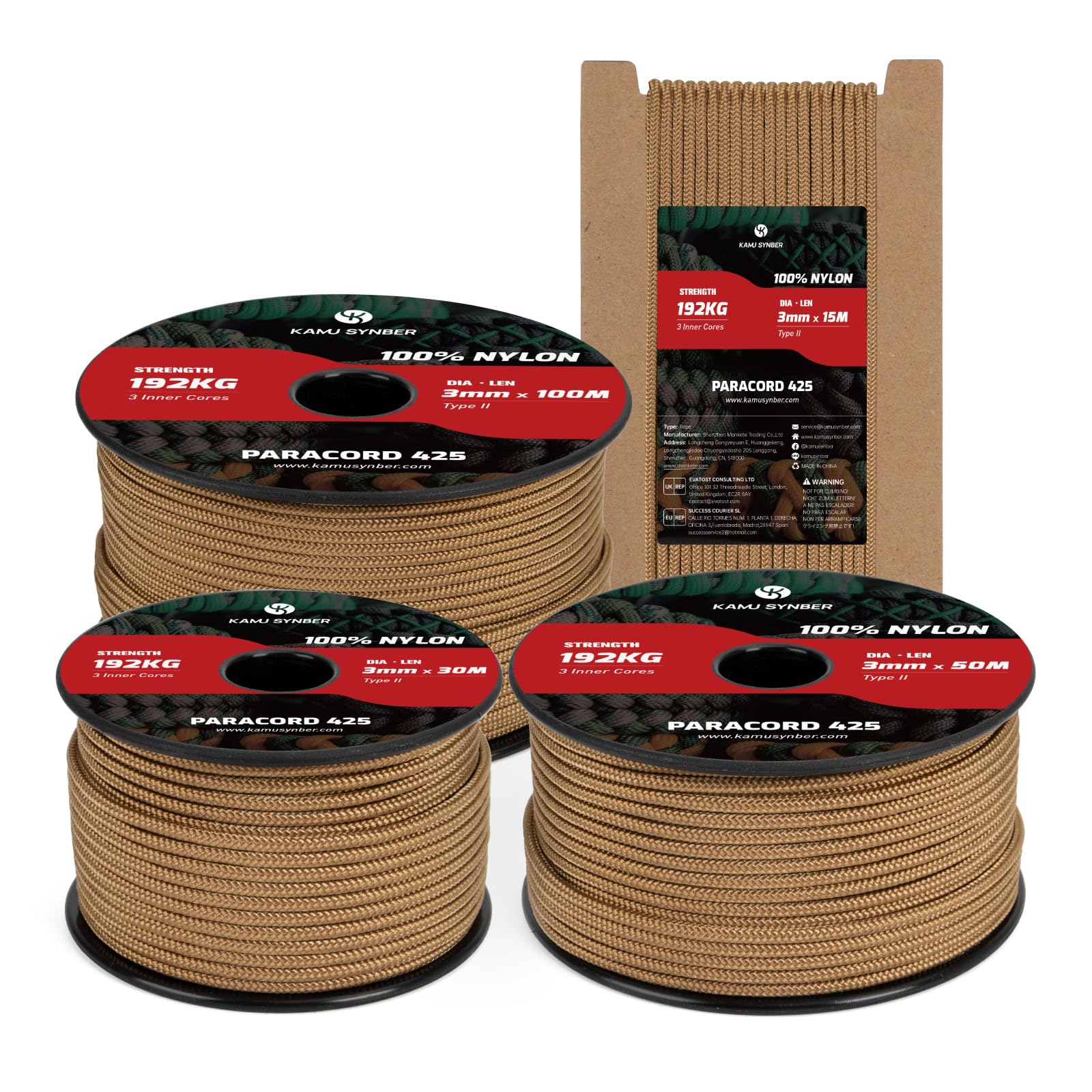 Kamu Synber 425 Paracord 3mm x 50m 100% Nylon Rope 3 Strands Parachute Cord Type II for Outdoor, Crafting, DIY | Support 192kg | Coyote Brown