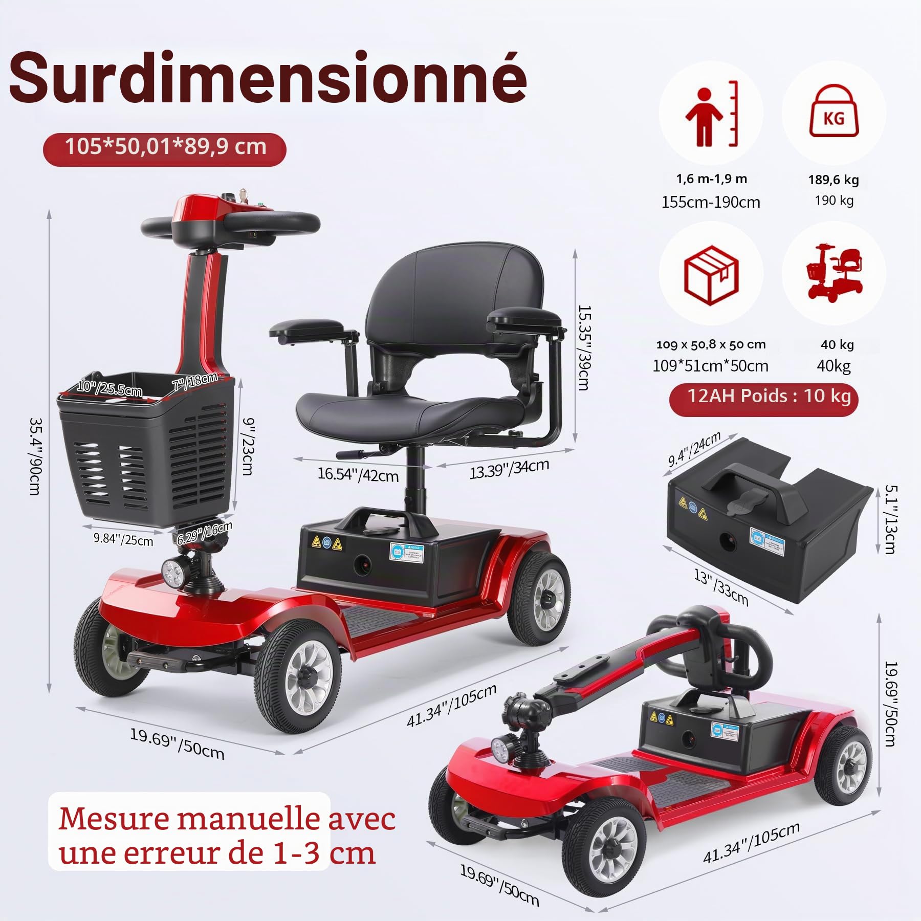 Scooter électrique pour seniors 22 km Scooter pliable à 4 roues avec panier Batterie légère Capacité de charge jusqu'à 190 kg Scooter électrique