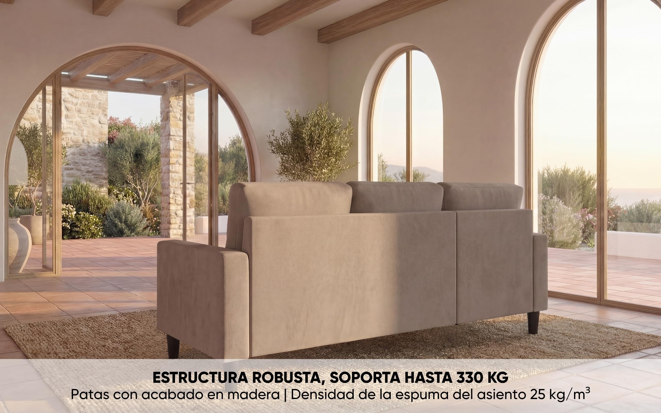 BUDWING Fox Sofá de Salón 3 Plazas - Chaise Longue Esquinero Reversible Izquierda o Derecha – Tapizado en Tela – Taupe