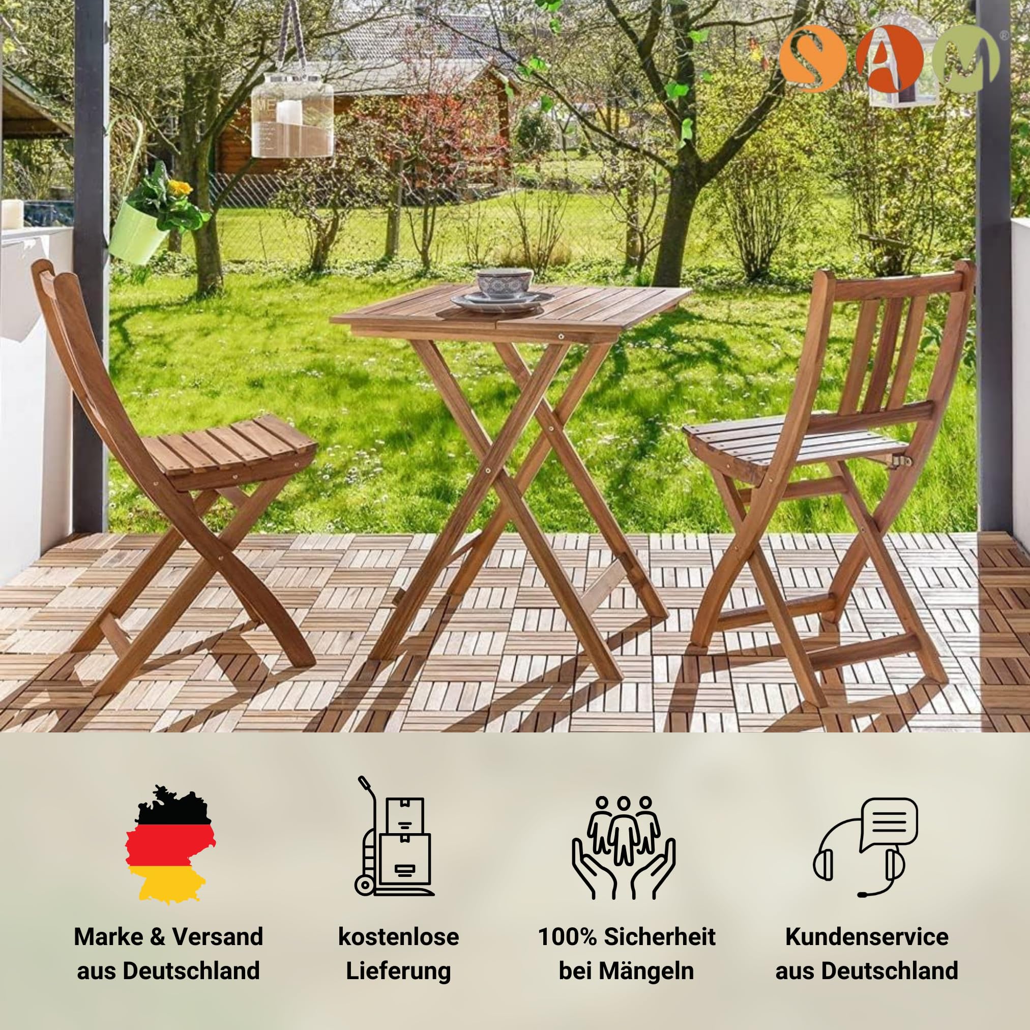 SAM 3tlg. Balkongruppe Blossom, Akazienholz massiv + geölt, Gartengruppe mit 1 Tisch + 2 Stühle, klappbar, für Garten, Balkon und Terrasse