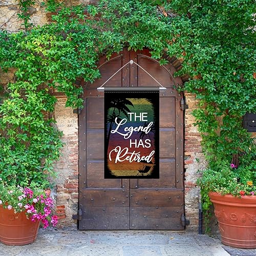 Miniatura 3 de Bandera de jardín con texto en inglés Happy Retirement con texto en inglés The Legend Has Retirement para puerta de fiesta, cartel de despedida para