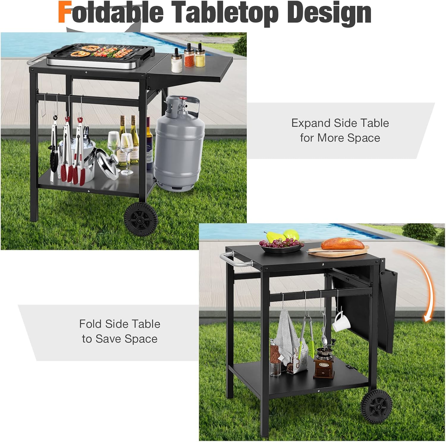 Giantex Outdoor Pizza Oven Stand Grill Cart with Wheels, Foldable Side Table, Gas Tank Hook, 4 Removable Hooks, Double-Shelf Movable Dining Cart Food Prep Worktable Trolley for Outside Kitchen BBQ : Patio, Lawn & Garden