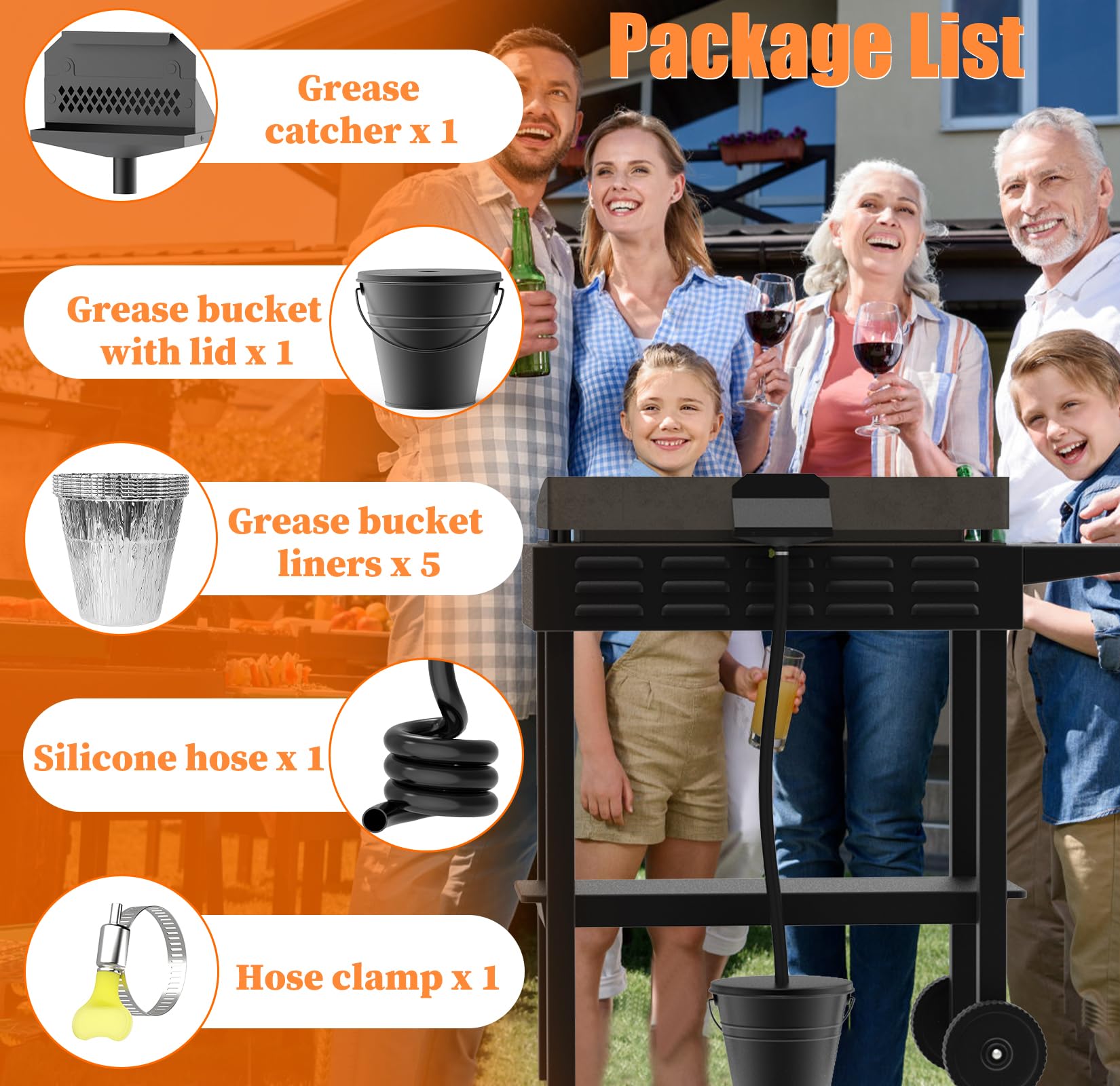 Système de drainage de la graisse arrière pour Blackstone, kit d'accessoires pour Blackstone avec entonnoir fermé pour récupérateur de graisse, seau à graisse de 1,8 l avec couvercle, lot de 5
