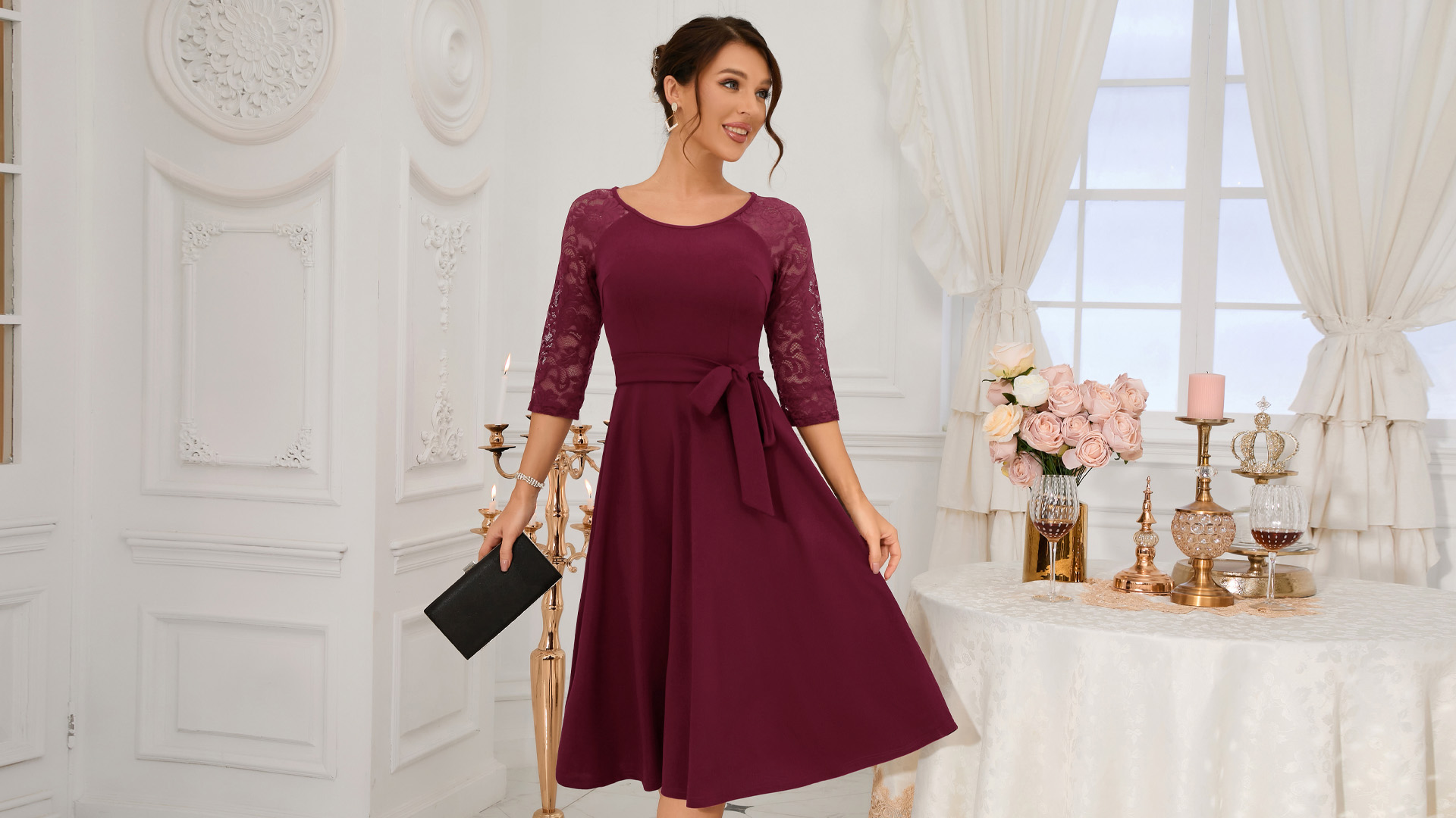 burgundy reception dress Gold Lace Choker Neck Burgundy Velvet Slit Mermaid Prom Evening Dress