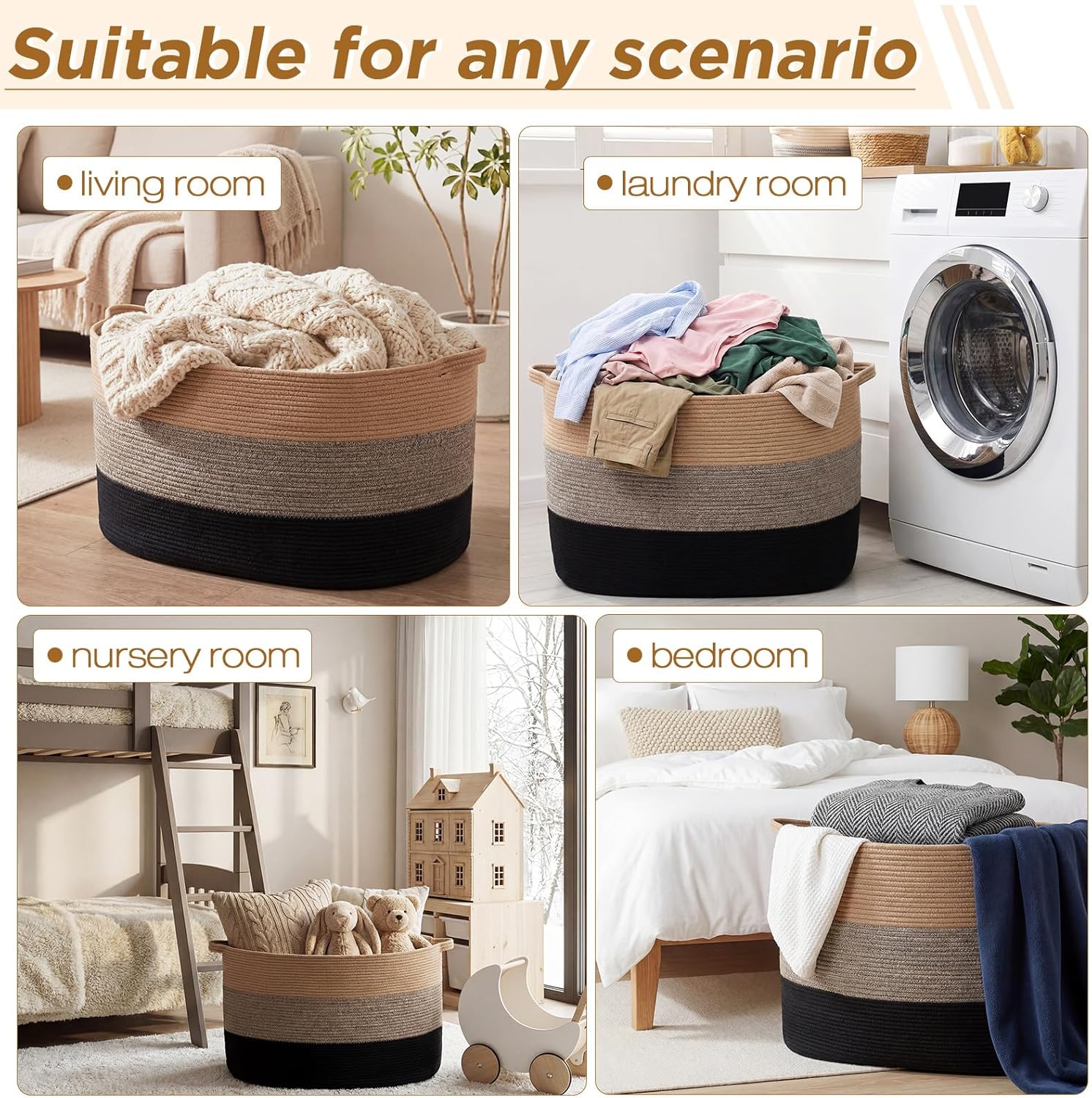 125l Jumbo Blanket Basket for Living Room, 25"x18"x17" XXXXL Cotton Rope Storage Basket with Handles, Extra Large Woven Laundry Hamper for Living Room, Nursery(Khaki,Brown,Black)