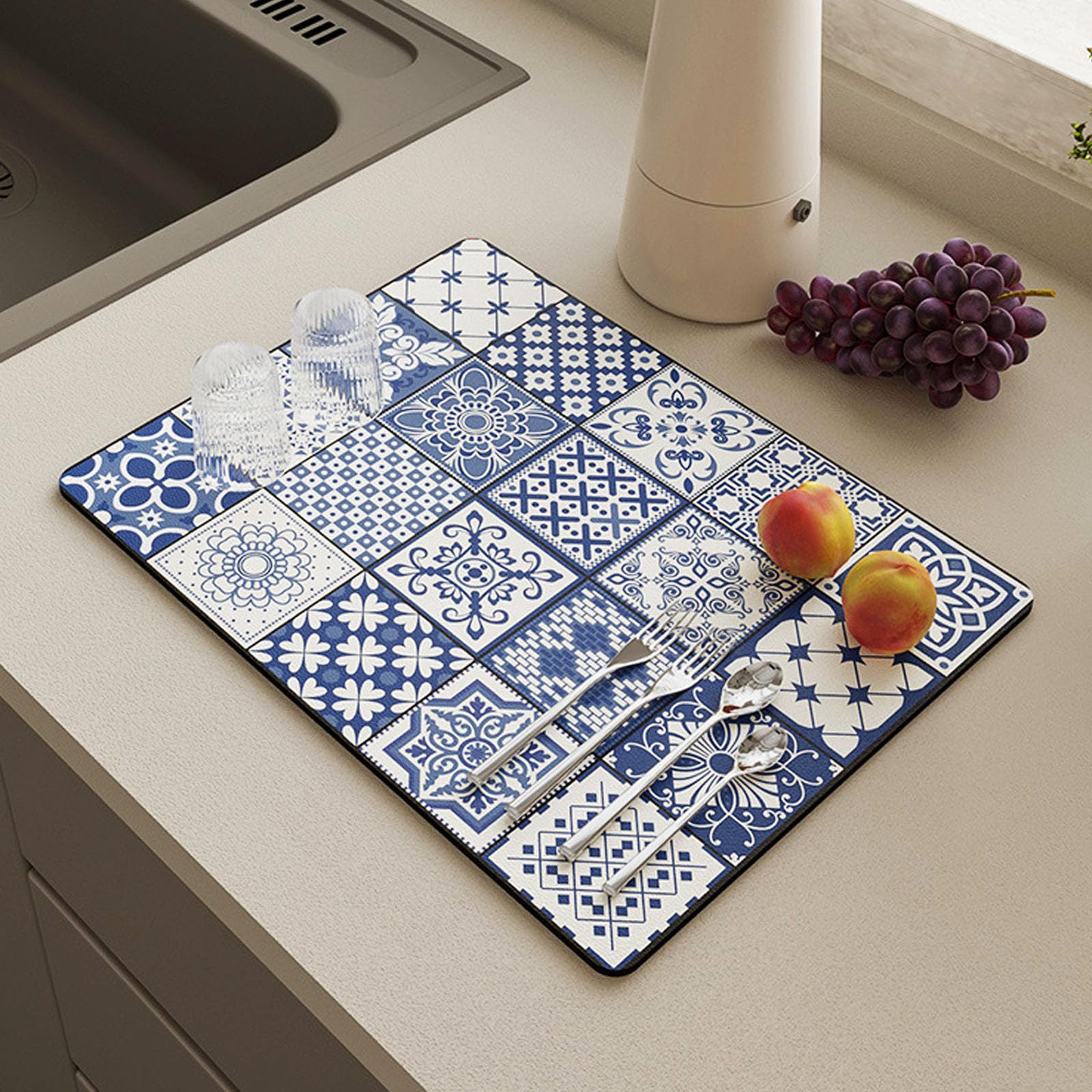 Absorbent & Water-Controlled Placemat, Boho Style Dish Drying Mat, Fast Water Absorption, Quick Dry Fabric, Anti-slip Mat for Kitchen Counter, Table, Bathroom, Coffee Bar Accessories (I,30*50cm)