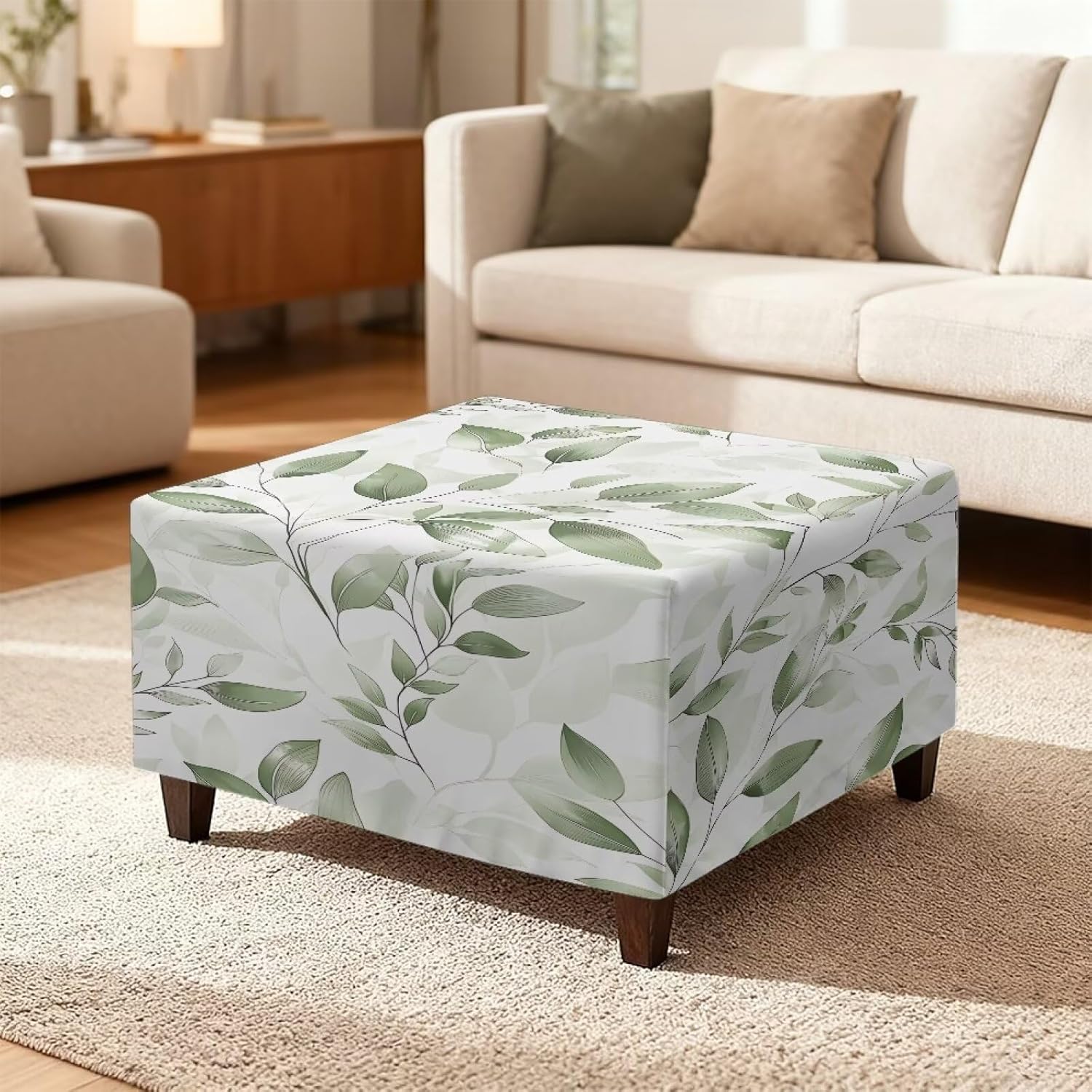 Leaves Footstool Covers Square, Stretch Stool Protector with Nonslip Elastic Bottom, Ottoman Cover Easy to Install Hand Machine Washable 32 * 32 * 18 Easy to Install