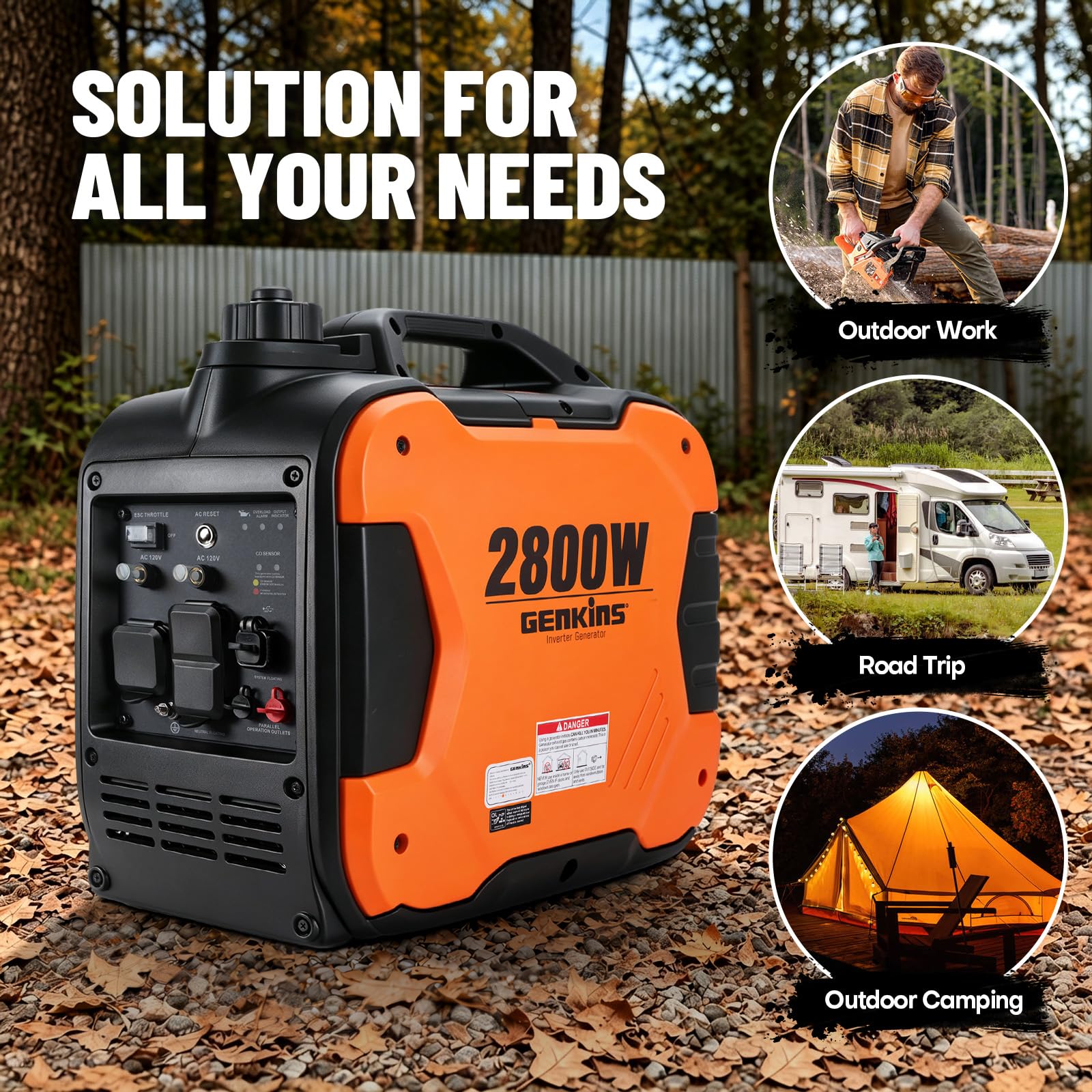 GENKINS Générateur onduleur portable 2300 W ultra silencieux alimenté au gaz, prêt pour caravane, compatible avec CARB EPA, expédition dans 50 États et Porto Rico
