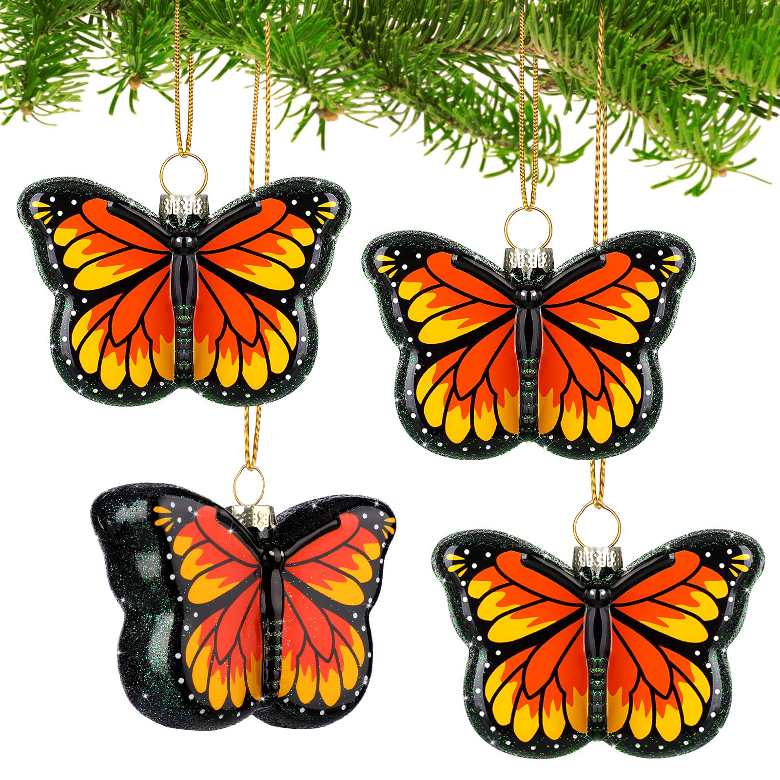 Photo 1 of 4 Pieces Monarch Butterfly Decorations Butterfly Christmas Ornaments Monarch Butterfly Glass Blown Ornaments for Christmas Tree 2022 Butterfly Decorations Keepsake for Mom Women Girls Gifts