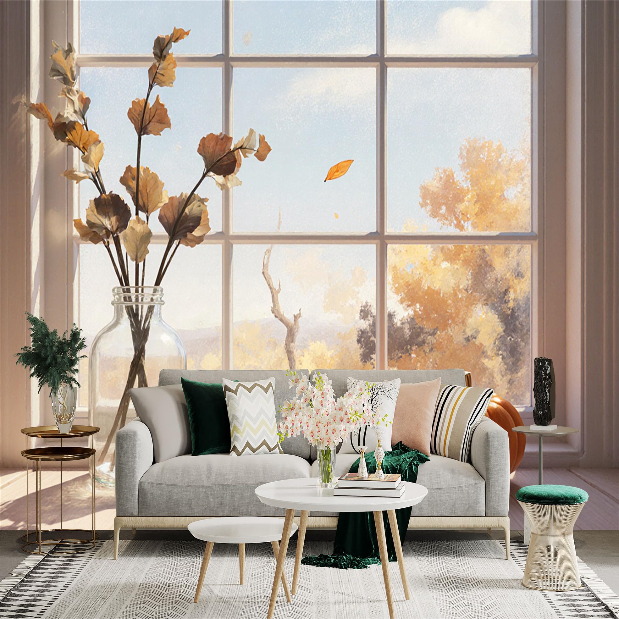 Custom Size Wall Sticker Mural， Autumn Window View with Glass Vase and Pumpkin， Golden Foliage Landscape， for wall Decoration， peelandstick wall Decals.