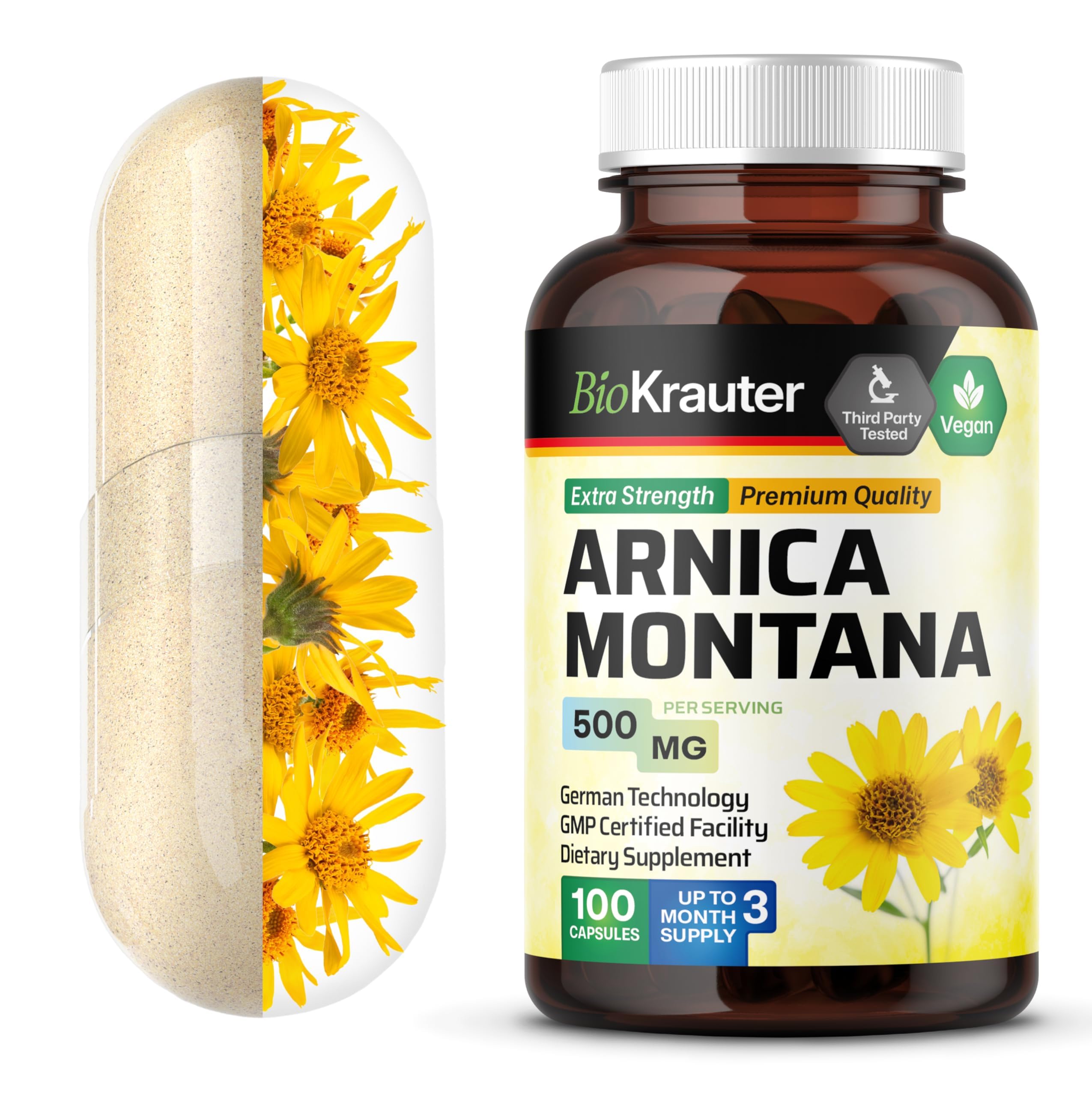 BIO KRAUTER® Arnica Montana for Bruising and Swelling - Vegan & Pure Arnica Supplement in Capsules 500 mg per Serving 100 Caps - Used for Daily