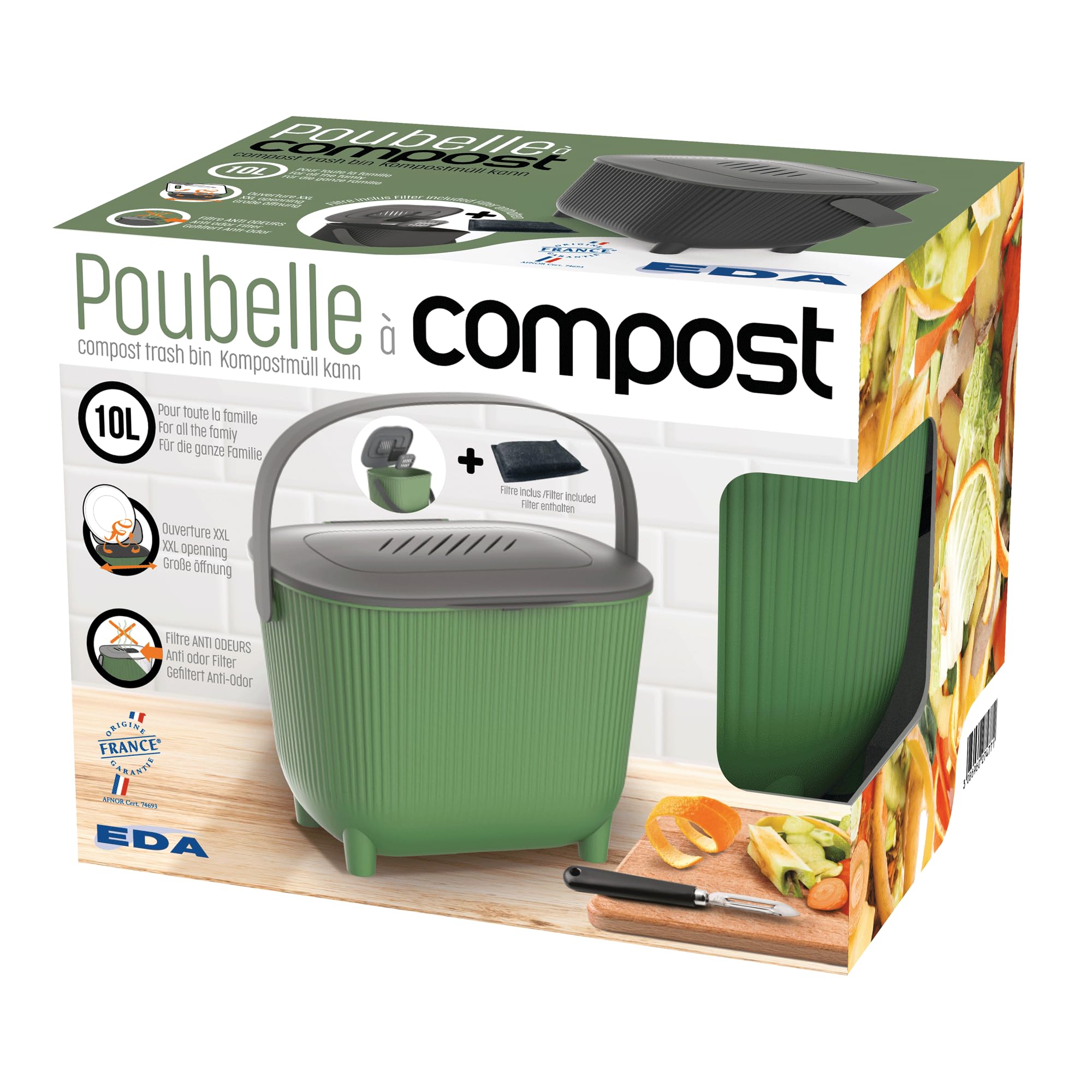 Poubelle à Compost 10 L avec Filtre à Charbon, Grise Anthracite/Noir