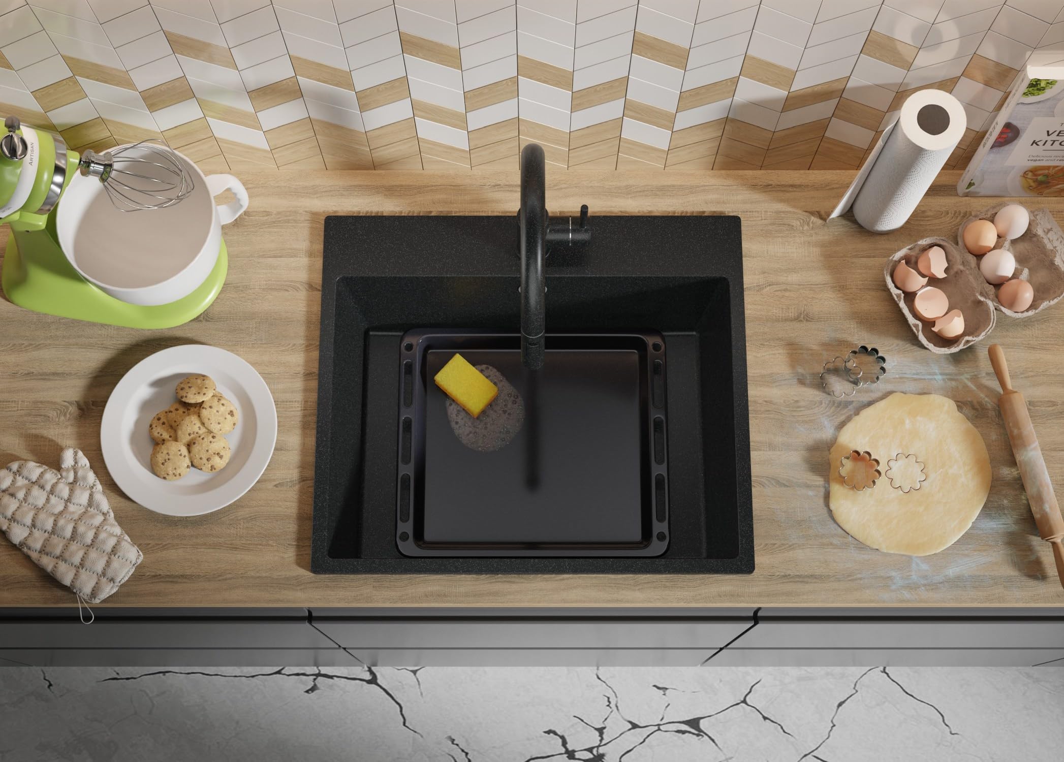 PRIMAGRAN Fregadero Cocina Grafito - Riga, 58x50cm | Granito 1 Seno + Sifón, sobre Encimera al Mueble 60cm (S307)