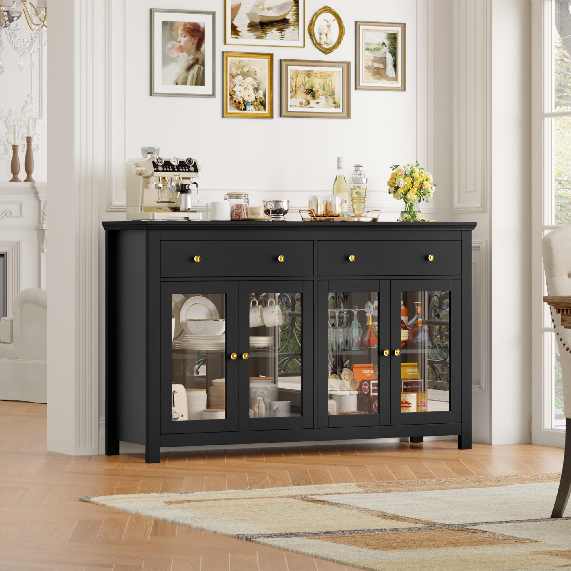 FirFurd Buffet Portes Vitrées Meuble Cuisine Rangement Noir 140x40x90.7cm