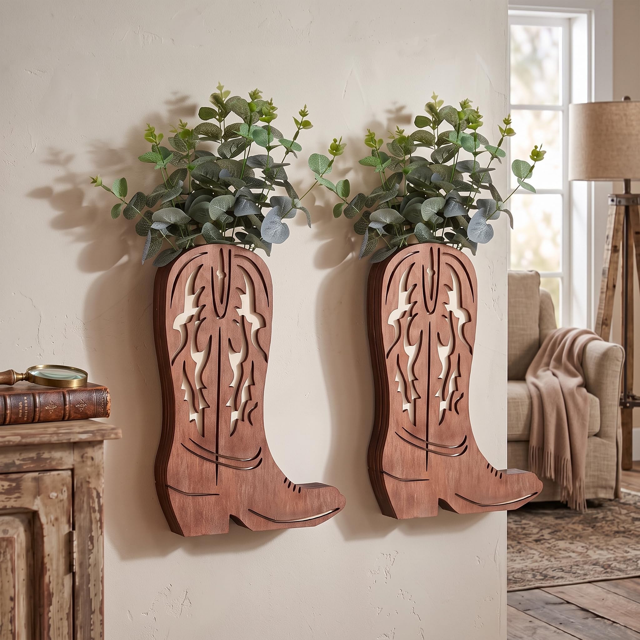 Havawish 2 Pcs Country Room Decor Western Cowboy Wood Boots, Retro Style