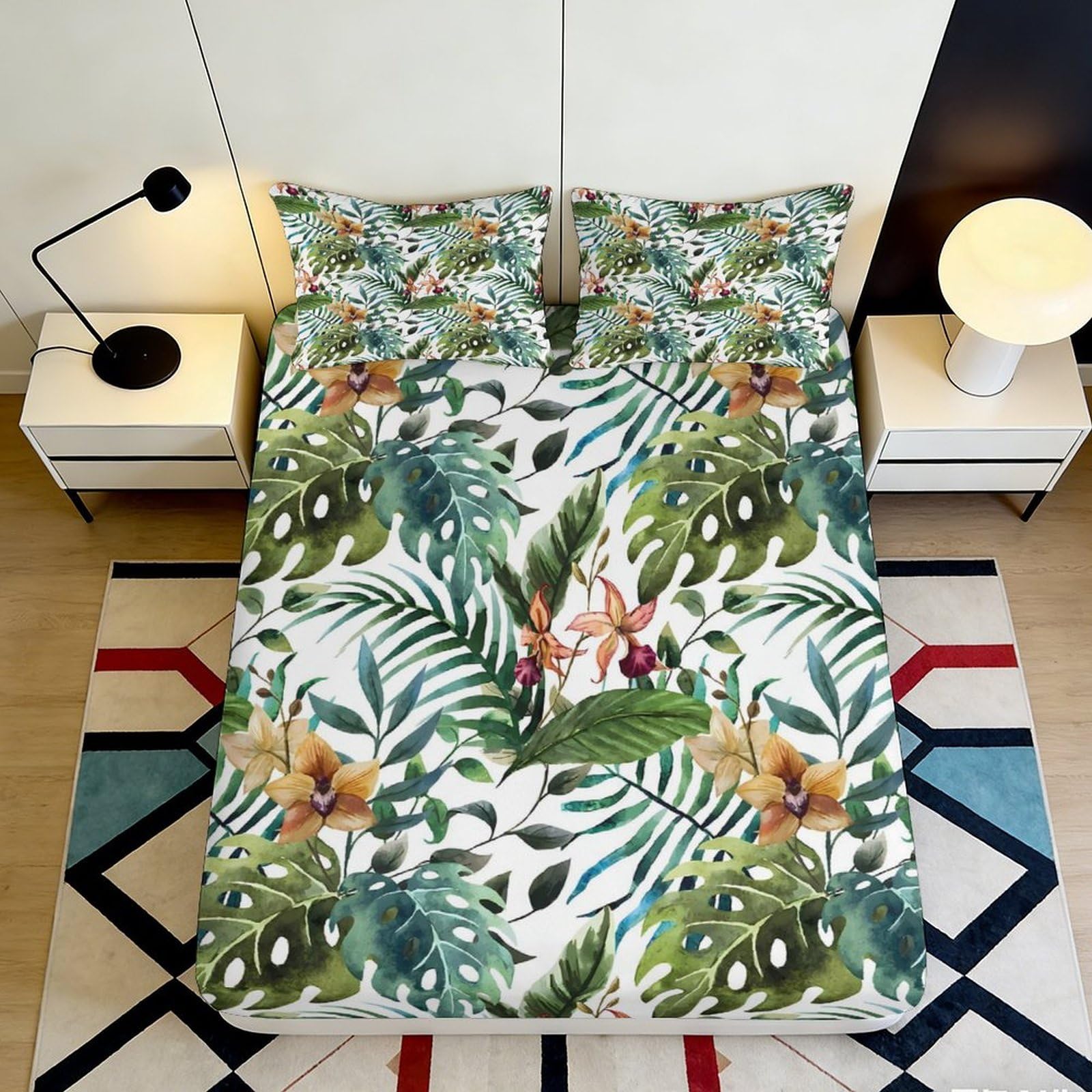 3D Printed Tropical Rainforest Fitted Sheet Microfiber Soft Green Botanical Mattress Cover for Bedroom Guest Room Decor 90x200x25cm
