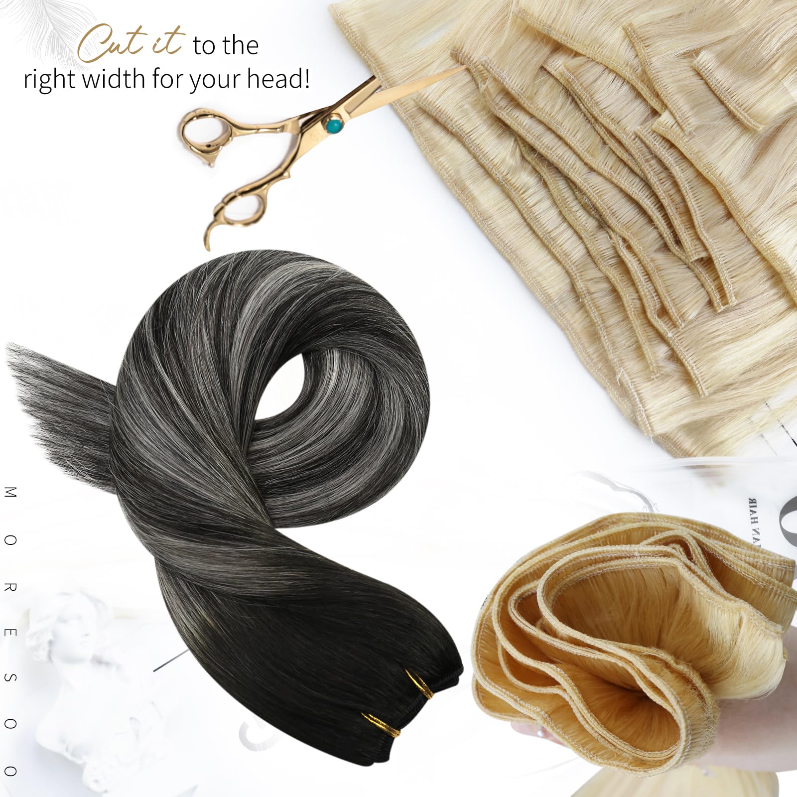 Moresoo Weft Human Hair Extensions Remy Hair Balayage Black and Silver Sew in Hair Extensions Real Human Hair 22 Inch 100g/pack #1B/Silver/1B - Image 4