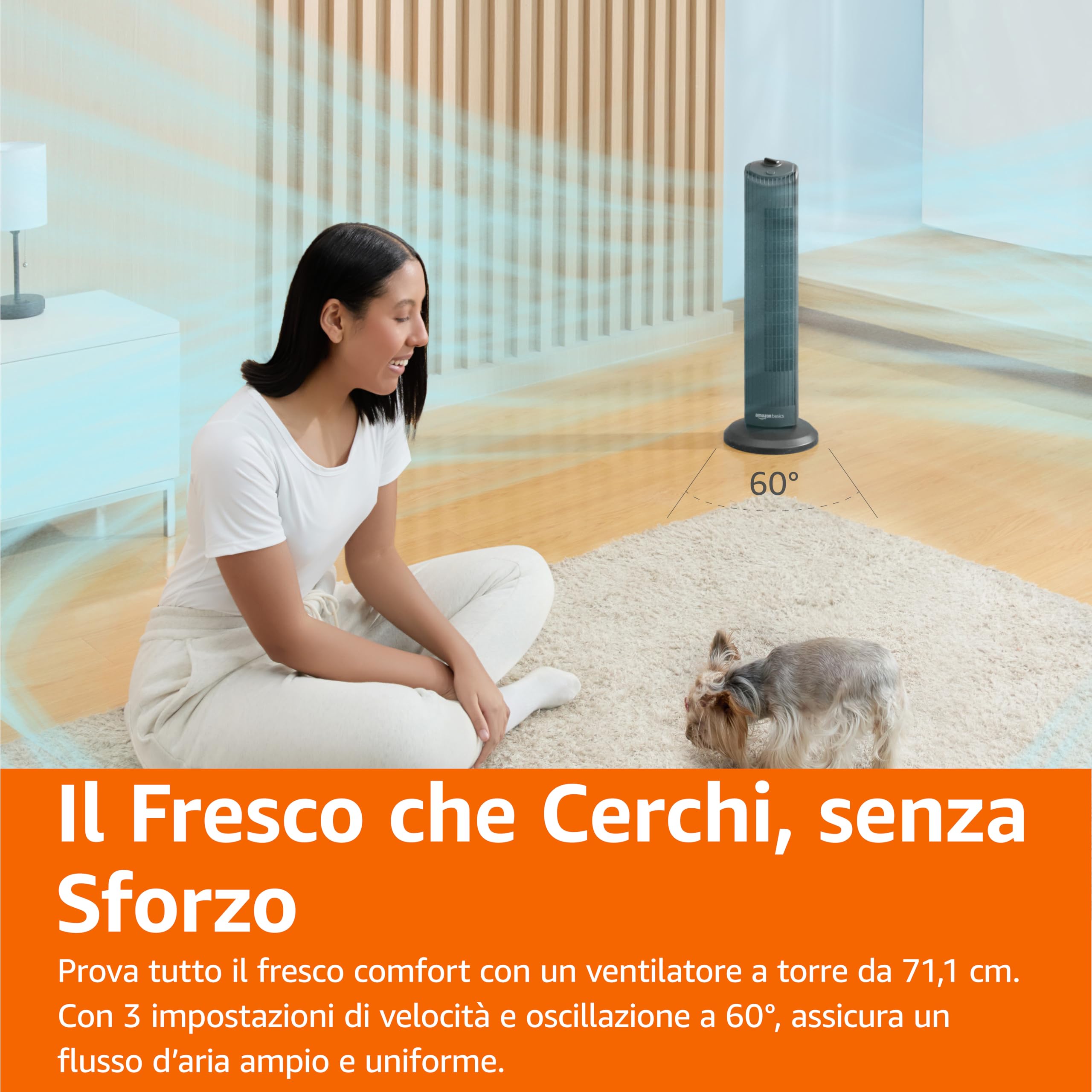 Amazon Basics Ventilatore a Torre Oscillante 71 cm con Angolo di 60 Gradi per Camera da Letto, Soggiorno, Ufficio, 3 Velocità, Controllo Meccanico Intuitivo, Nero Opaco, 35W, 71 cm x 24 cm x 24 cm