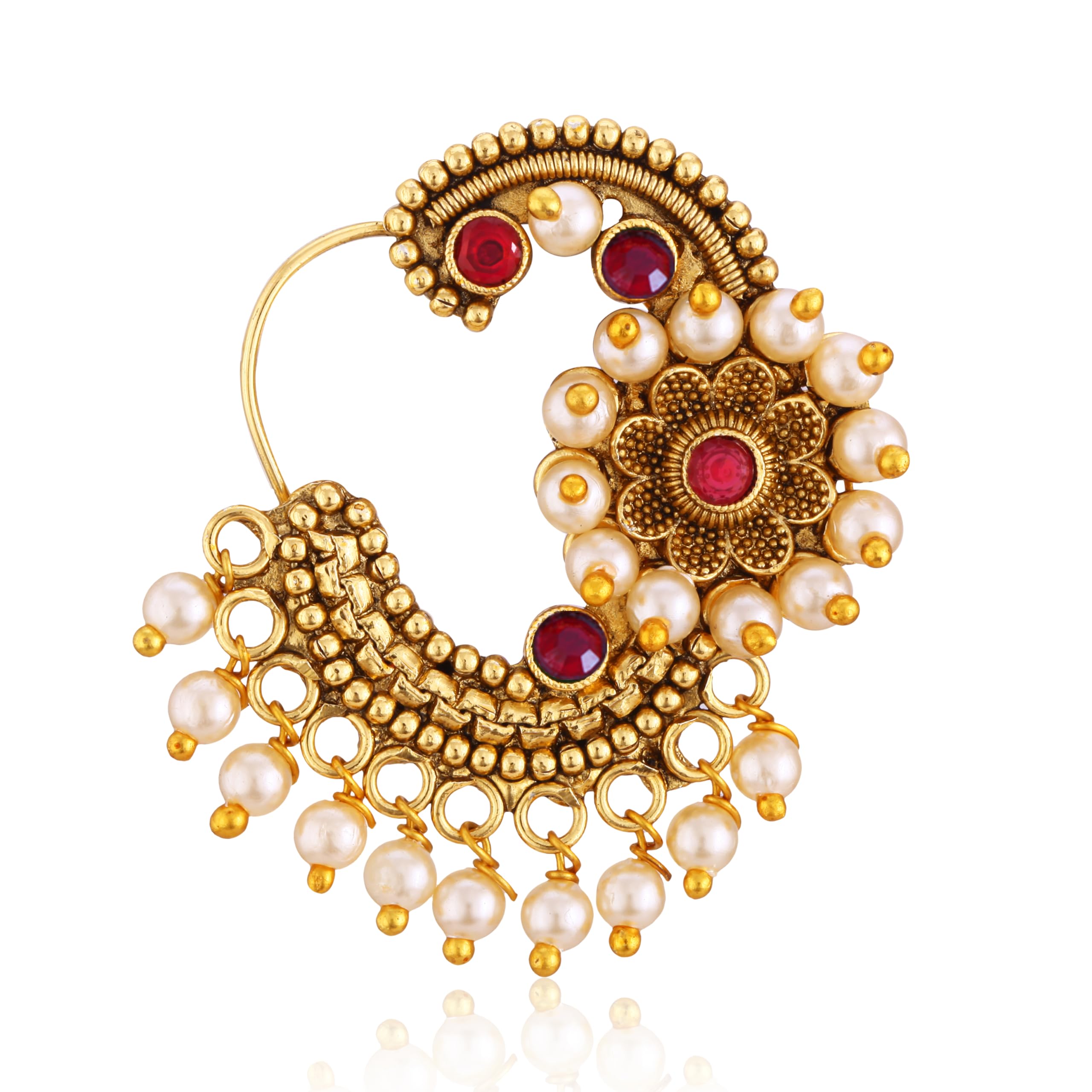 Vighnaharta Gold Plated Green Om shape Moti Pearls with and CZ stone Alloy Maharashtrian Cultural Nath Nathiya./ Nose Pin for women[VFJ1250NTH-TAR-image-42
