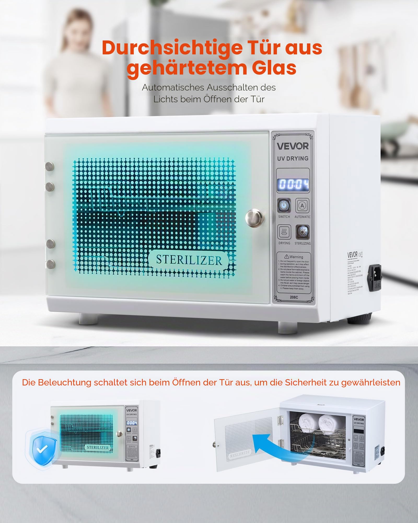 VEVOR UV Sterilisator Nagelwerkzeug-Reinigungsmaschine (12 L / 160 W) multifunktionale Nagelreiniger Sterilisator mit Timer-Einstellung, Reinigungskabinett mit Tür aus gehärtetem Glas, für Labore