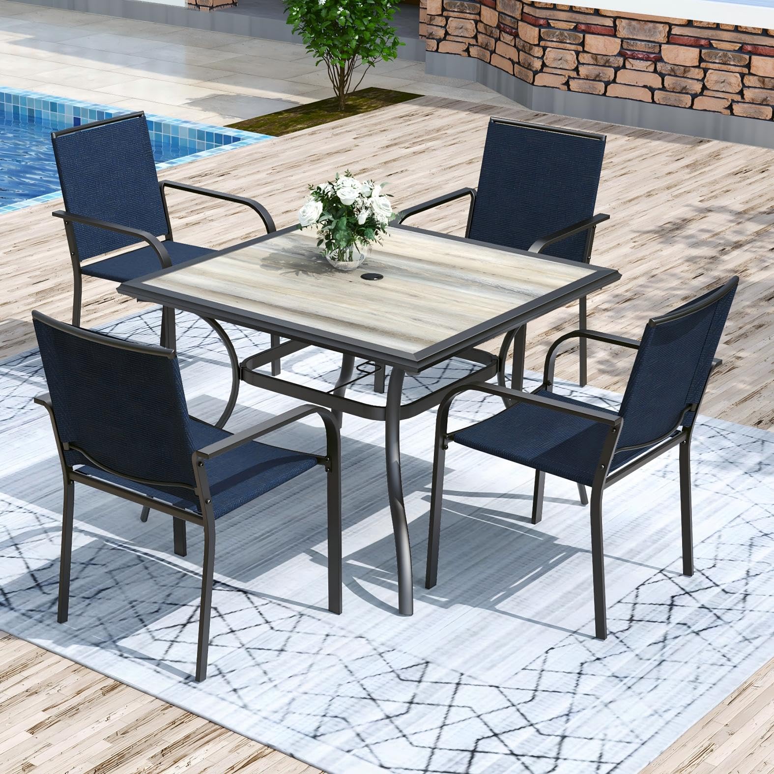 Anmutig 5-Piece Outdoor Dining Set, 37" Square Patio Table 4 Chairs, Blue