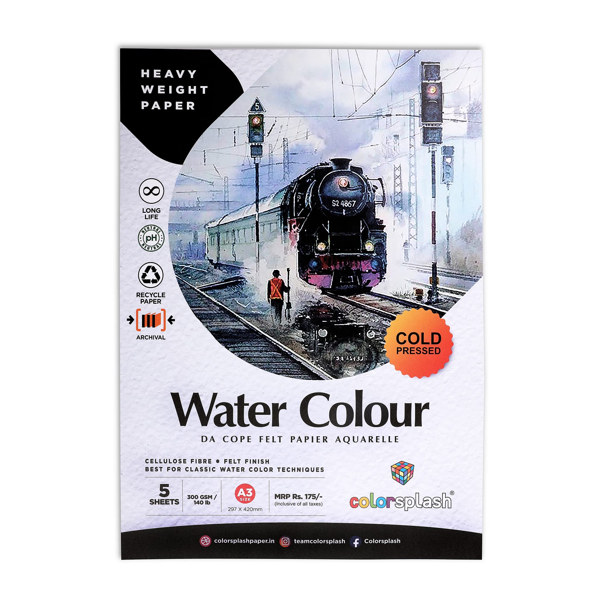 COLORSPLASH A/3 Watercolour-coldpressed Sheets, 5 Sheets, 300gsm, White -Pack of 1