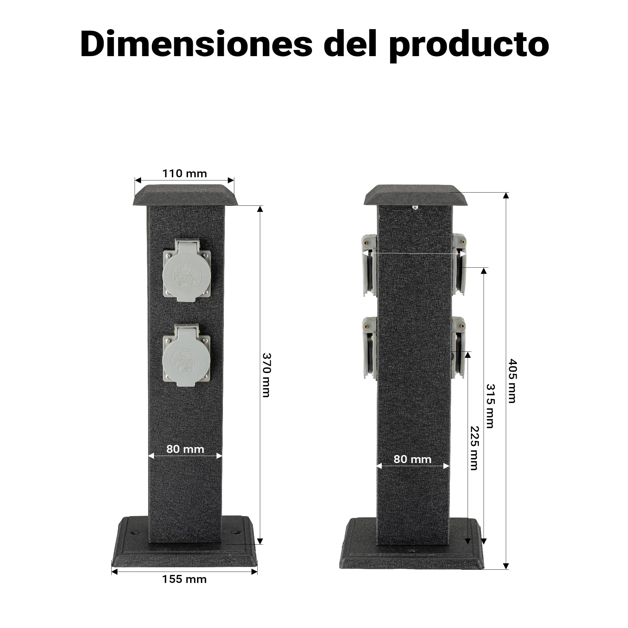 Columna enchufes jardín 4 Tomas Corriente Pilar metálico IP44 Accesorios jardín Enchufe Exterior