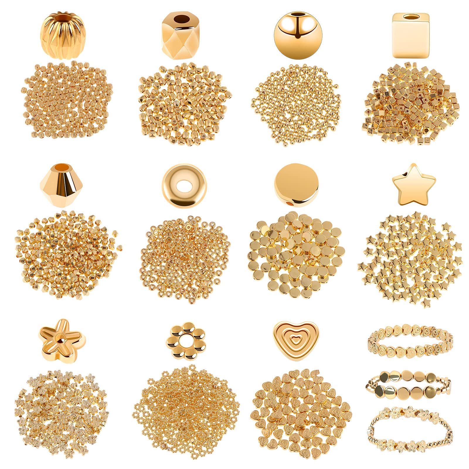 NALACAL 1700 Pieces Spacer Beads Set Assorted DIY Loose Bead Round Ball Star Beads Rondelle Faceted Cube Square Spacer Column Beads 11 Styles Jewelry Charms Beads for DIY Crafts Jewelry Making (Gold)