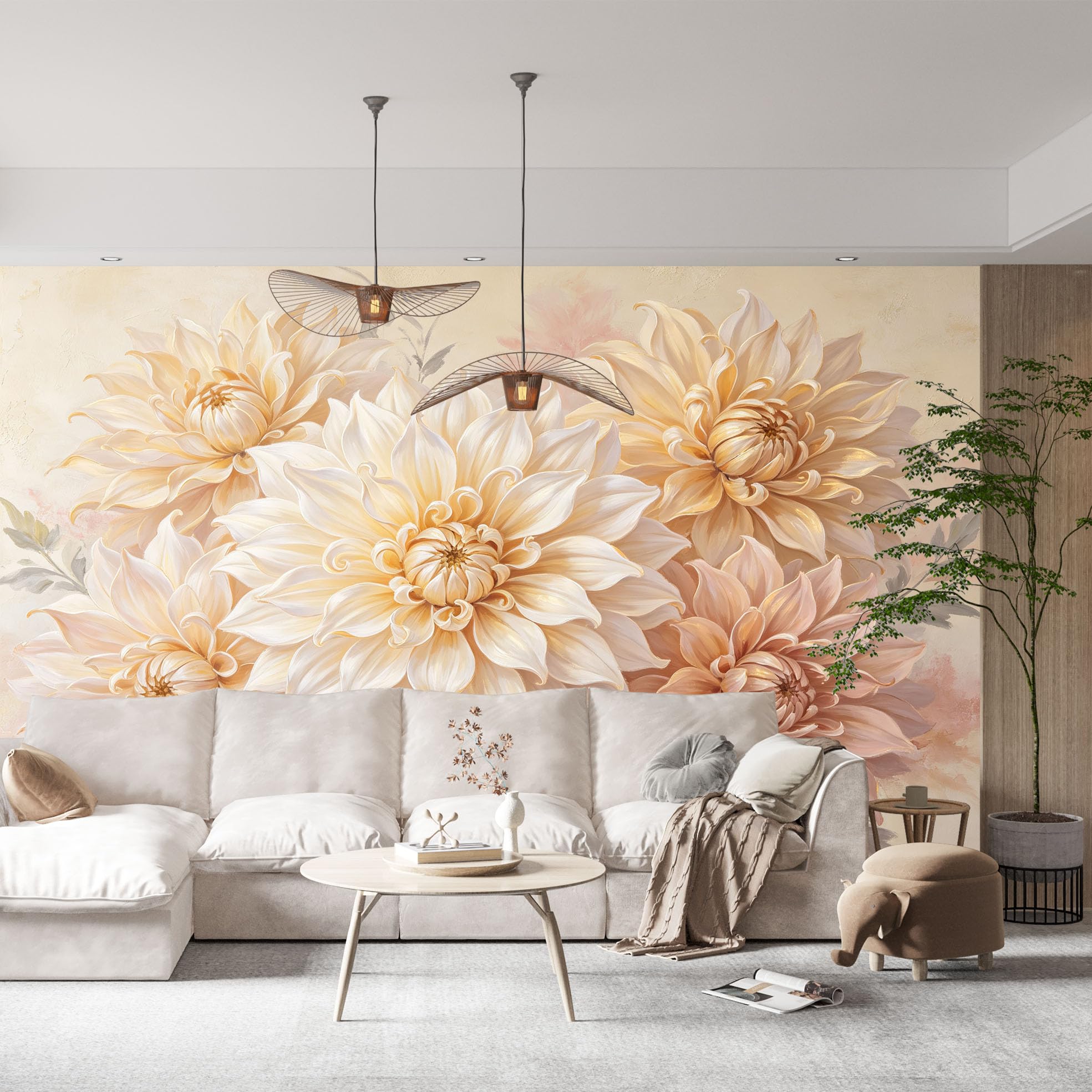 Elegancka botaniczna tapeta ścienna, duży format, kwiatowa, tapeta na fizelinie, nowoczesna, klasyczna, kwitnące kwiaty, 250 x 175 cm, kremowa, beżowa, akcentująca dekoracja ścienna do salonu