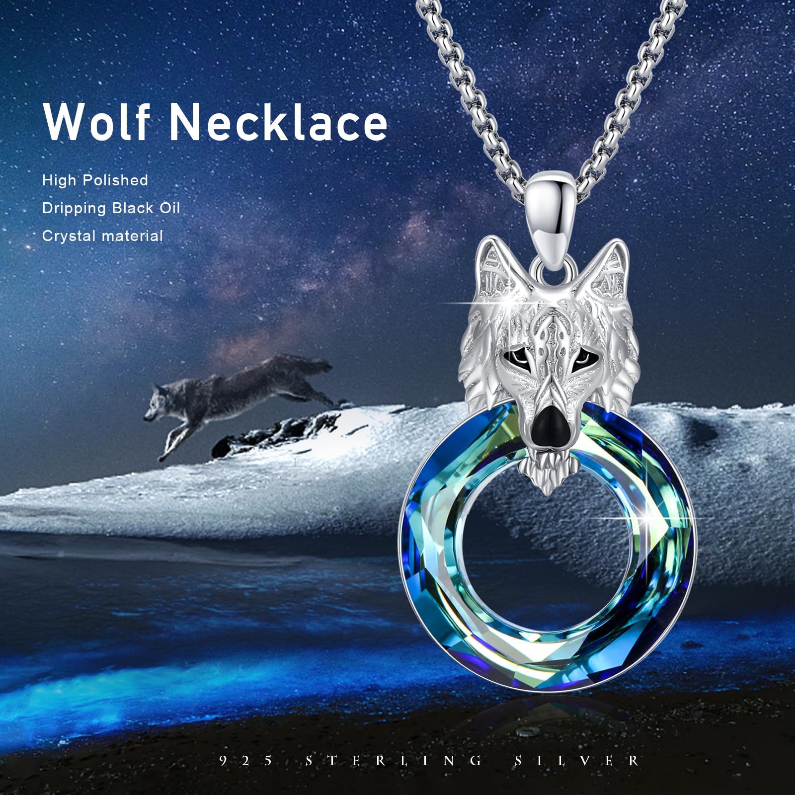 REDSUN Wolf Collana in argento sterling 925 con ciondolo a forma di testa di lupo di cristallo da 20 mm, collana in acciaio inox da 20 + 2 pollici