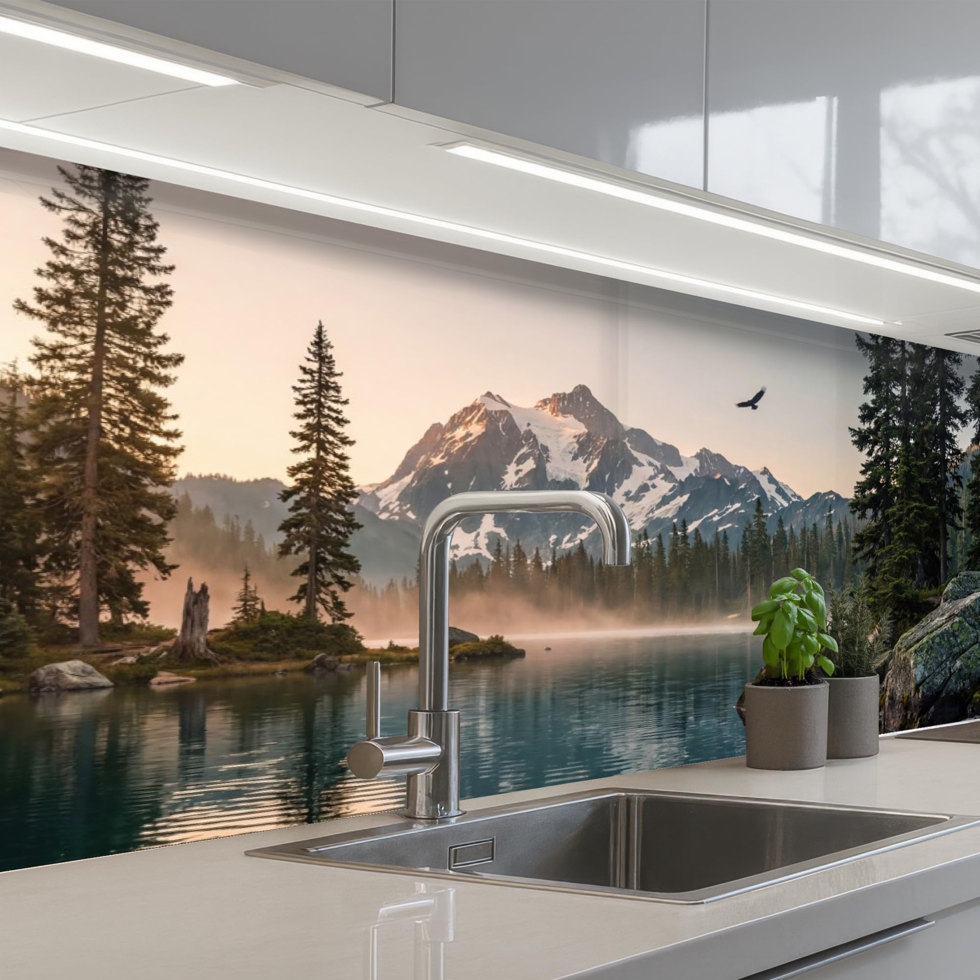 KitchenYeah© Splashback for kitchen 24"x79" / 60x200 cm self-adhesive Sink Splash Splatter Guard Splashbacks Walls Mountains - Water - Trees