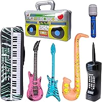 WedFeir 7-Pack Inflatable Rock Star Toys: Guitar, Boombox, Phone, Bass for 80s/90s Parties, Birthdays, Rock Concerts