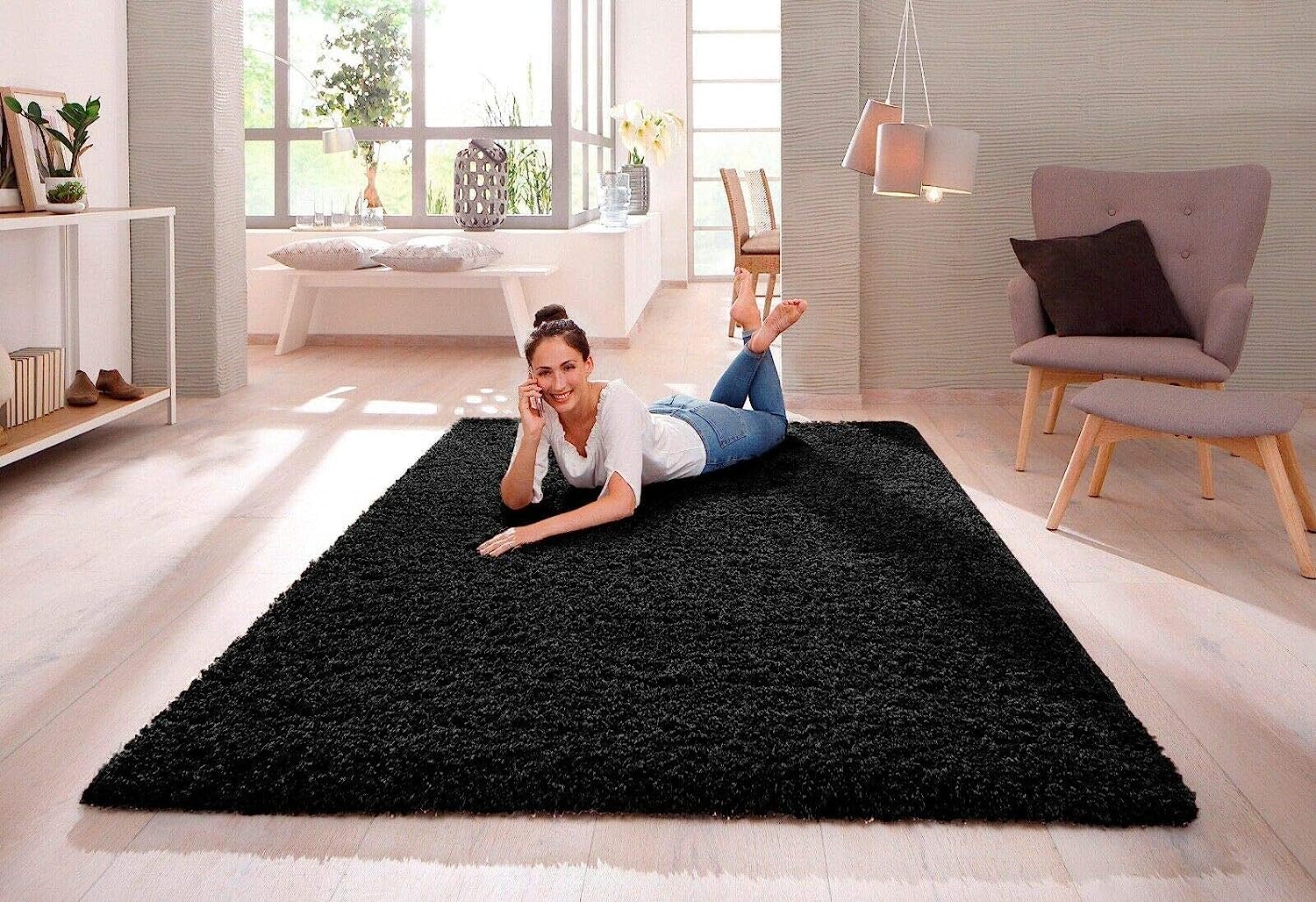 Om Carpet Home Furnishing Modern Shaggy Carpets and Rugs for Hall Offices Kitchens Bedroom Living Room and Cabins for Bedroom Kids Room Floor Home Decor (Black, 3 x 5 Feet) 2