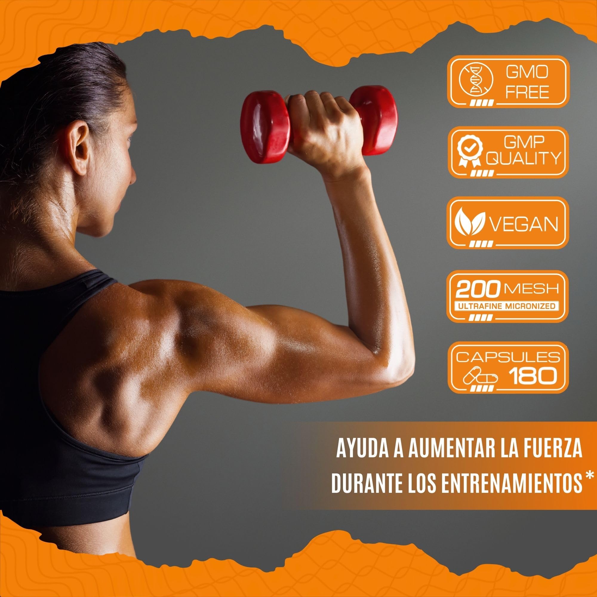 Creatina monohidratada – Complemento alimenticio que facilita el aumento de la masa muscular y refuerza la resistencia y mejora el rendimiento físico. No-GMO |100% Vegano | GMP QUALITY - 180 cápsulas