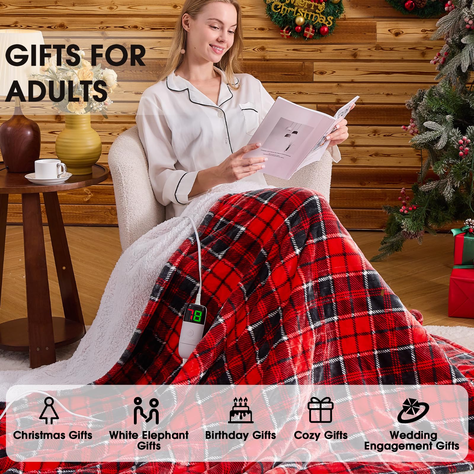 cobija eléctrica con calefacción, 50 x 60 pulgadas, manta térmica de Navidad con 10 niveles de calefacción y 8 horas de apagado automático, manta Sherpa a cuadros rojos para adultos, sofá, cama, uso