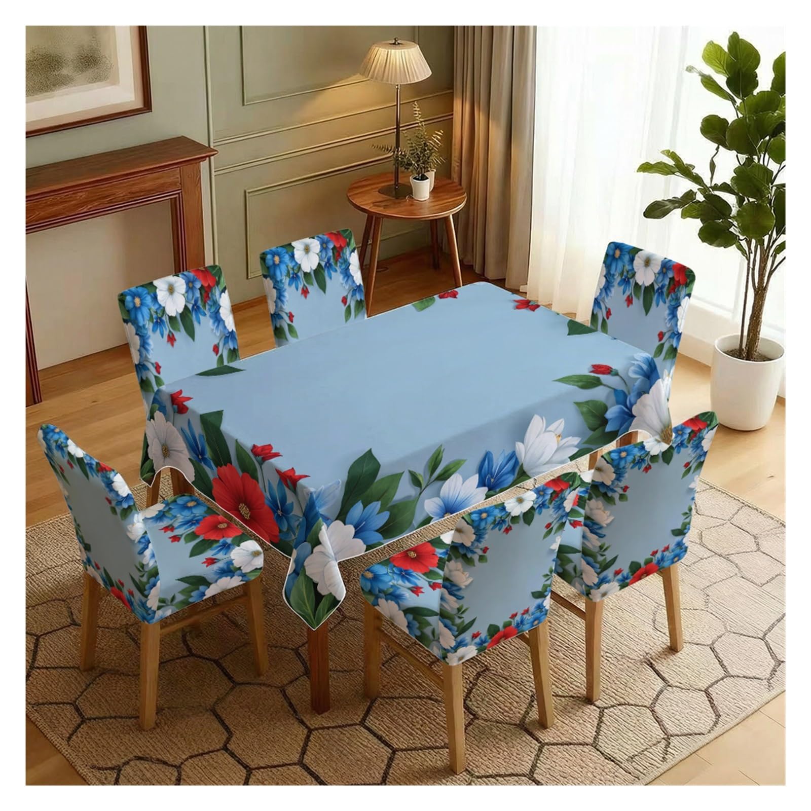 KXUAUV Light Blue Vibrant Colorful Flower Print Stretch Dining Chair Slipcover & Tablecloth Set, Fresh Spring Dining Decor, 5/7 Pack Party Decor(7pcs Set: Tablecloth+Chair Covers)