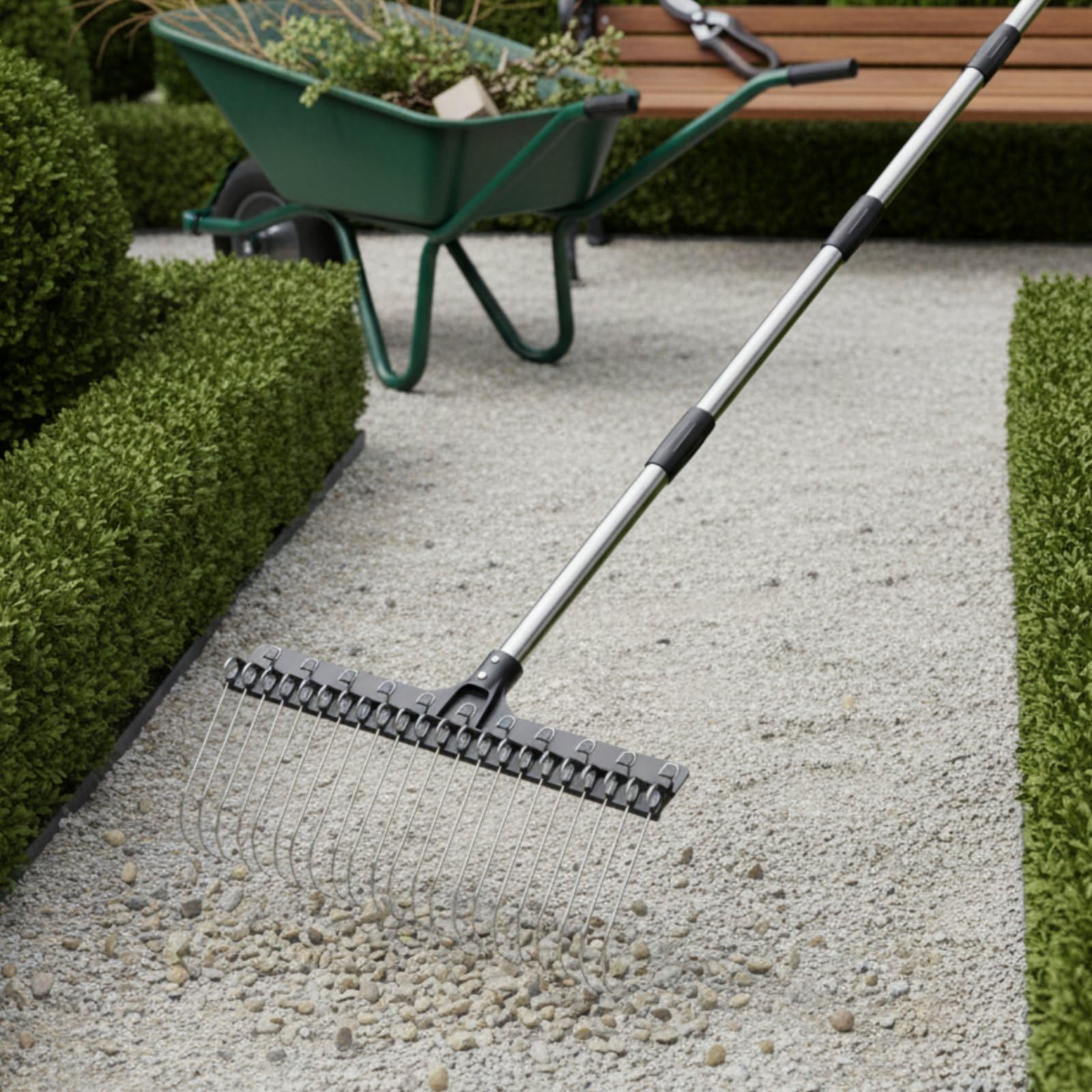 Laubrechen Gartenrechen Rasenrechen Metallrechen mit 22 Drahtzinken Und Anpassbarem Teleskopstiel Widerstandsfähig Gegen Rost für Laub Grasschnitt Bodenplanieren Im Garten