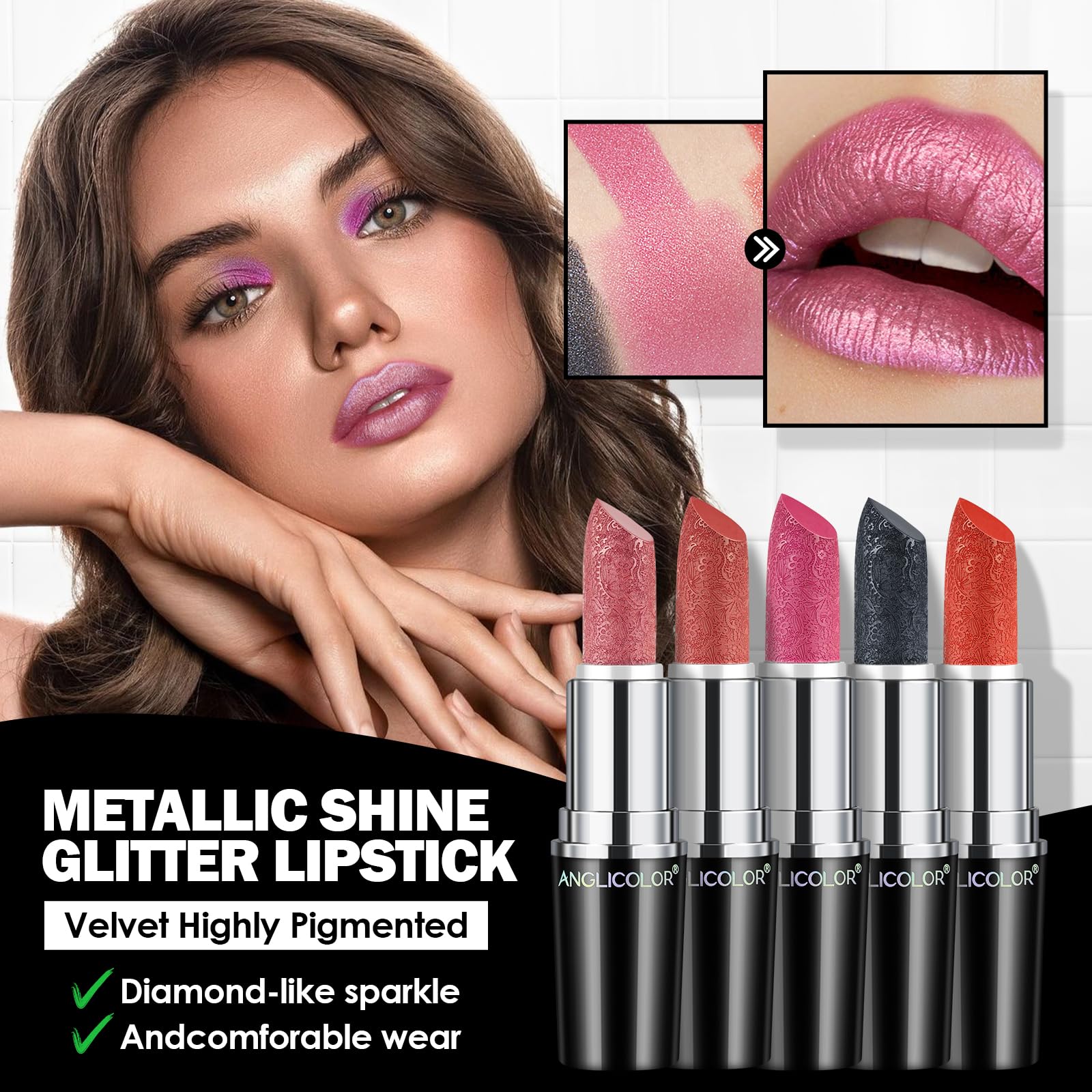 Anglicolor Glitter Metallic Pink Lipstick,High Impact Shimmer Lipcolor,Lightweight Hydrating Formula Smooth and Non-Sticky,Rose Lipstick For Women,Full-Coverage Lip Makeup (04 BLUSH WINES - Image 2