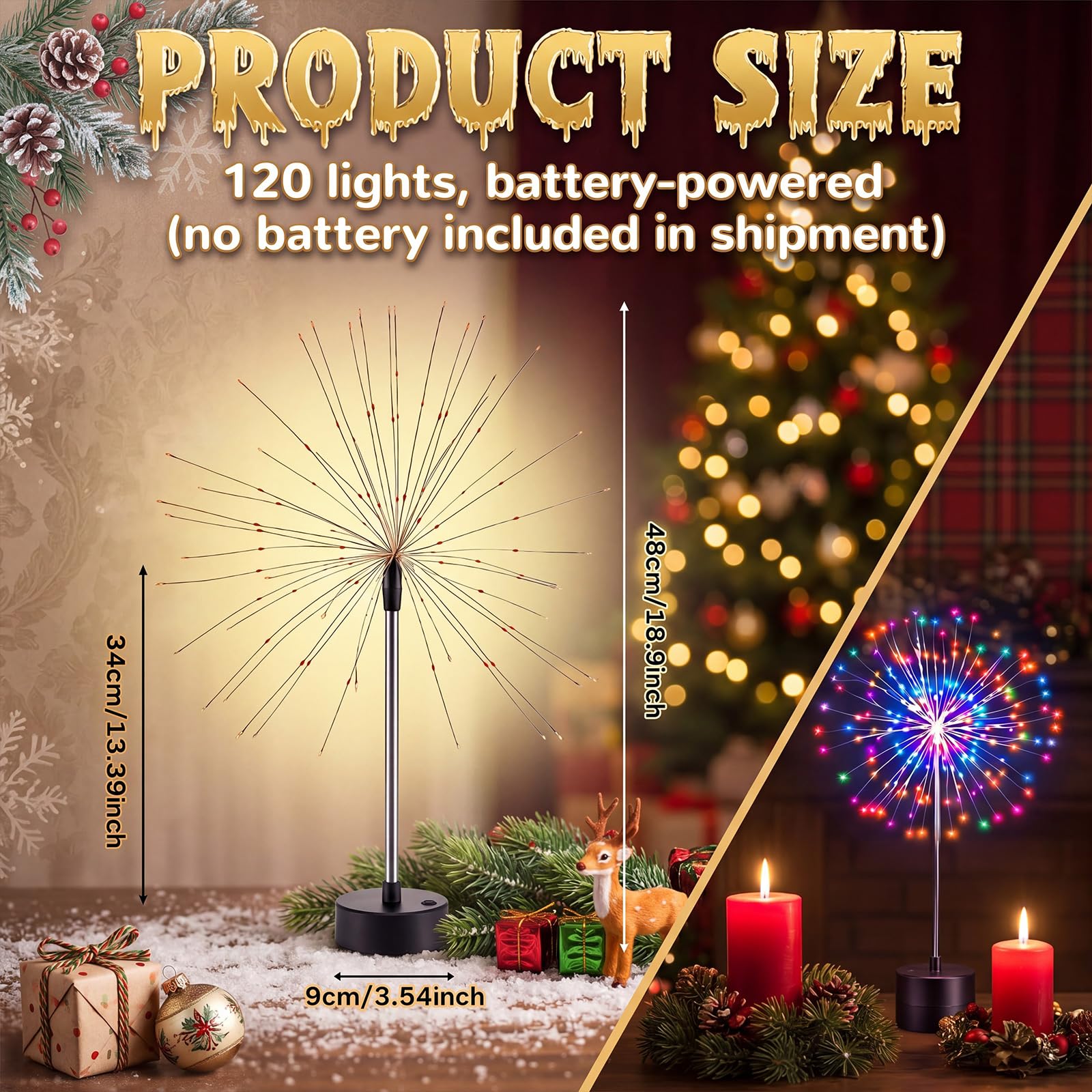 Tujoe Weihnachts-Feuerwerk und Blumen-Mittelstück-Lichter, 120 LEDs, buntes Bankett, rote und grüne LED-Feuerwerk-Lampe für Weihnachten, Tisch, Hof, Außenbereich, Fee, dekorativ, 3 Stück
