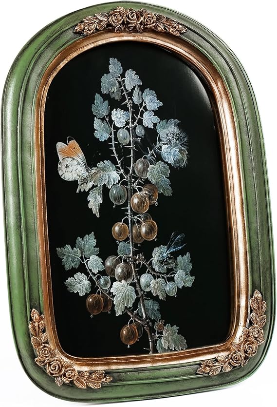 8x10 Vintage Picture Frame, Green Vintage Arch Frames, Ornate Gold Flower Textured Hand-Crafted Resin with Glass Front Antique Photo Frame for Wall and Tabletop Display