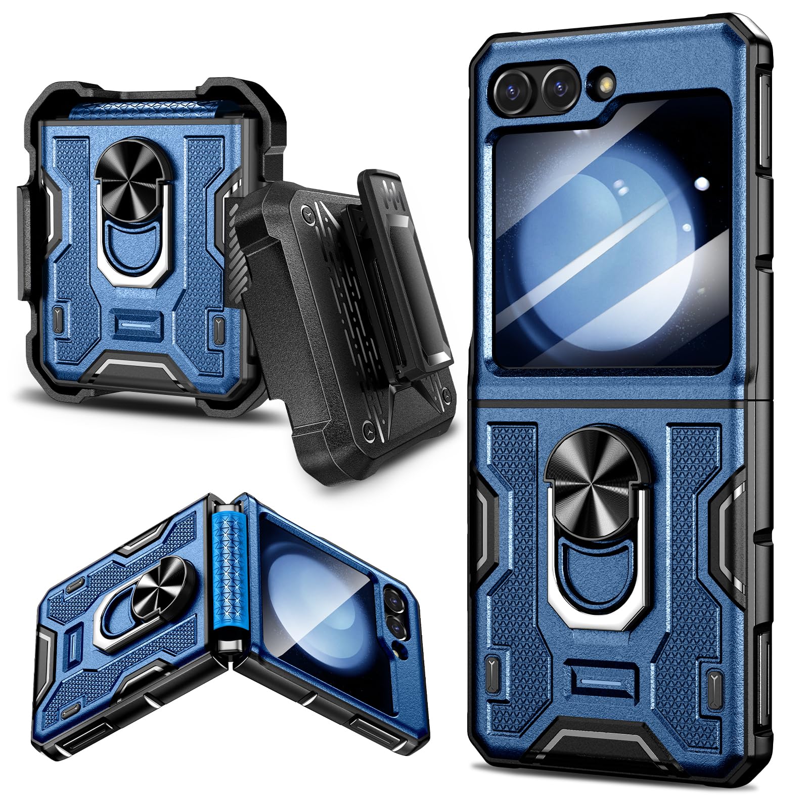 VEGO for Samsung Flip 5 Case with Belt Clip Holster, Hinge Protection Case with 360°Ring Magnetic Kickstand & Camera Screen Protector Heavy Duty Protective Armor Case for Galaxy Z Flip 5 - Blue