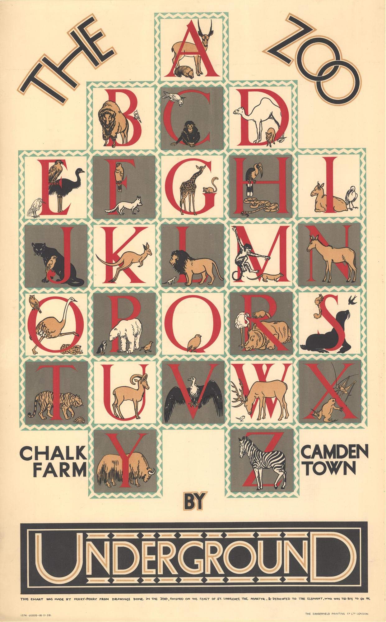 RPW Vintage A3 Travel Poster Advert 1920's For the Zoo alphabet Camden Town London Zoo