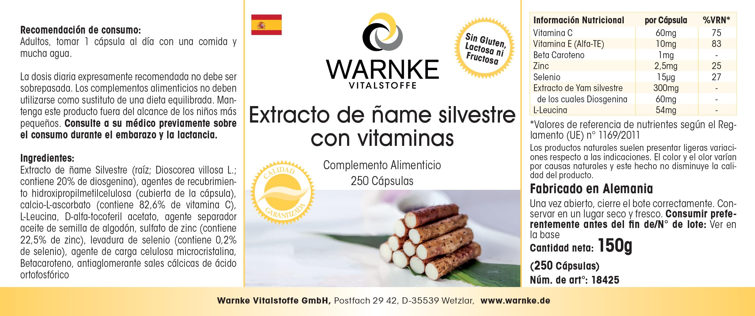 Igname Sauvage - Extrait - 250 gélules- Végétarien - 20% de diosgénine, vitamine C et E bêta-carotine, zinc et sélénium | Warnke Vitalstoffe - Qualité des pharmacies allemandes