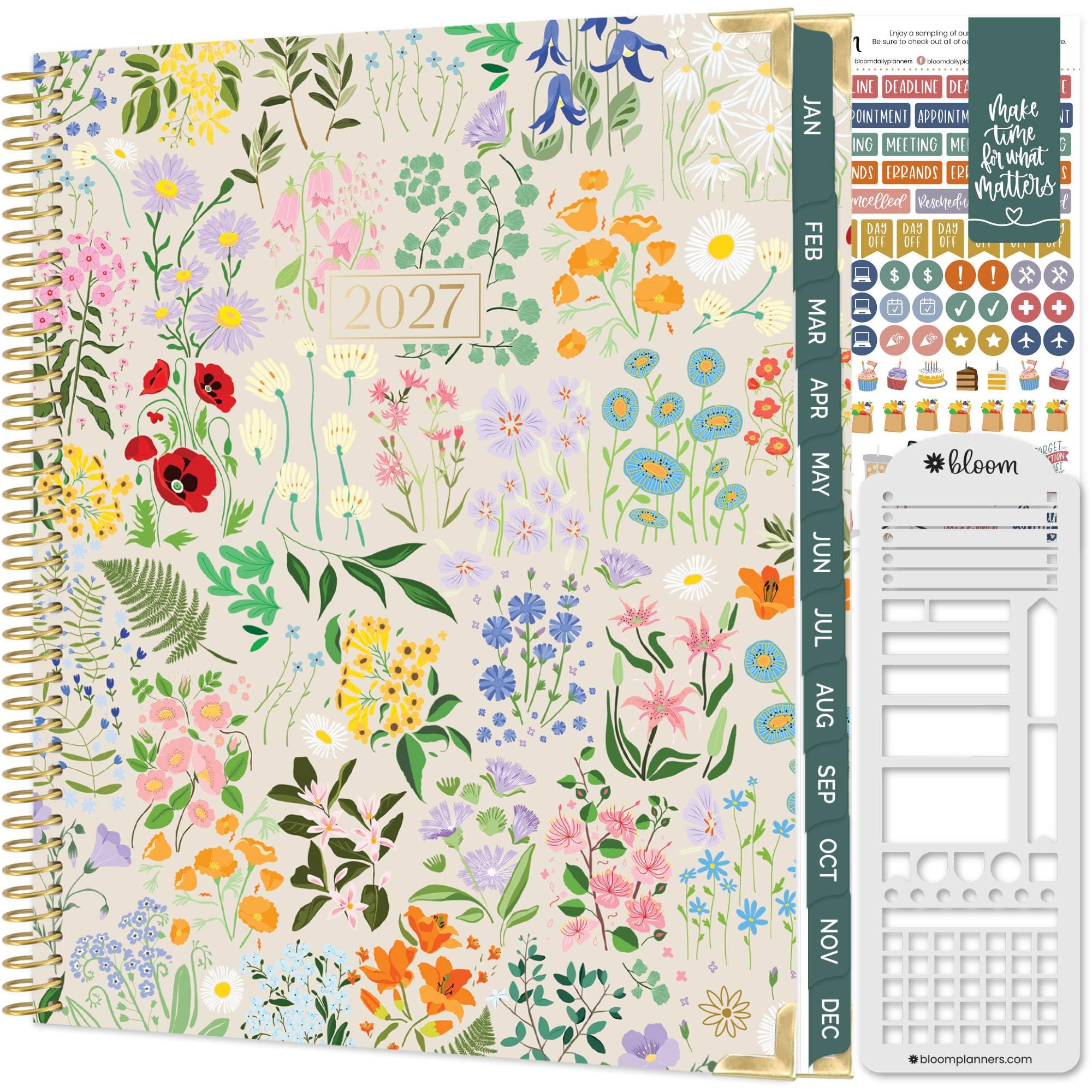 bloom daily planners Agenda de tapa dura 2027 (8.5 x 11 pulgadas) de enero a diciembre de 2027, calendario anual, agenda de tareas para mujeres, agenda inspiradora mensual y semanal con plantilla