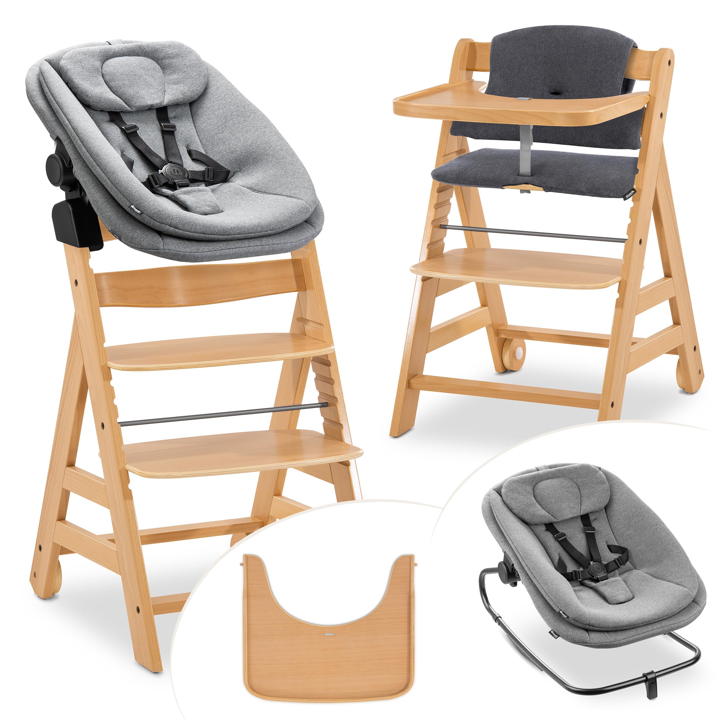 hauck Seggiolone Evolutivo Alpha Move Newborn Set 3in1 Bouncer – Sediolone in legno Evolutivo dalla Nascita, incl. Sdraietta per Neonati, Cuscino e Vassoio