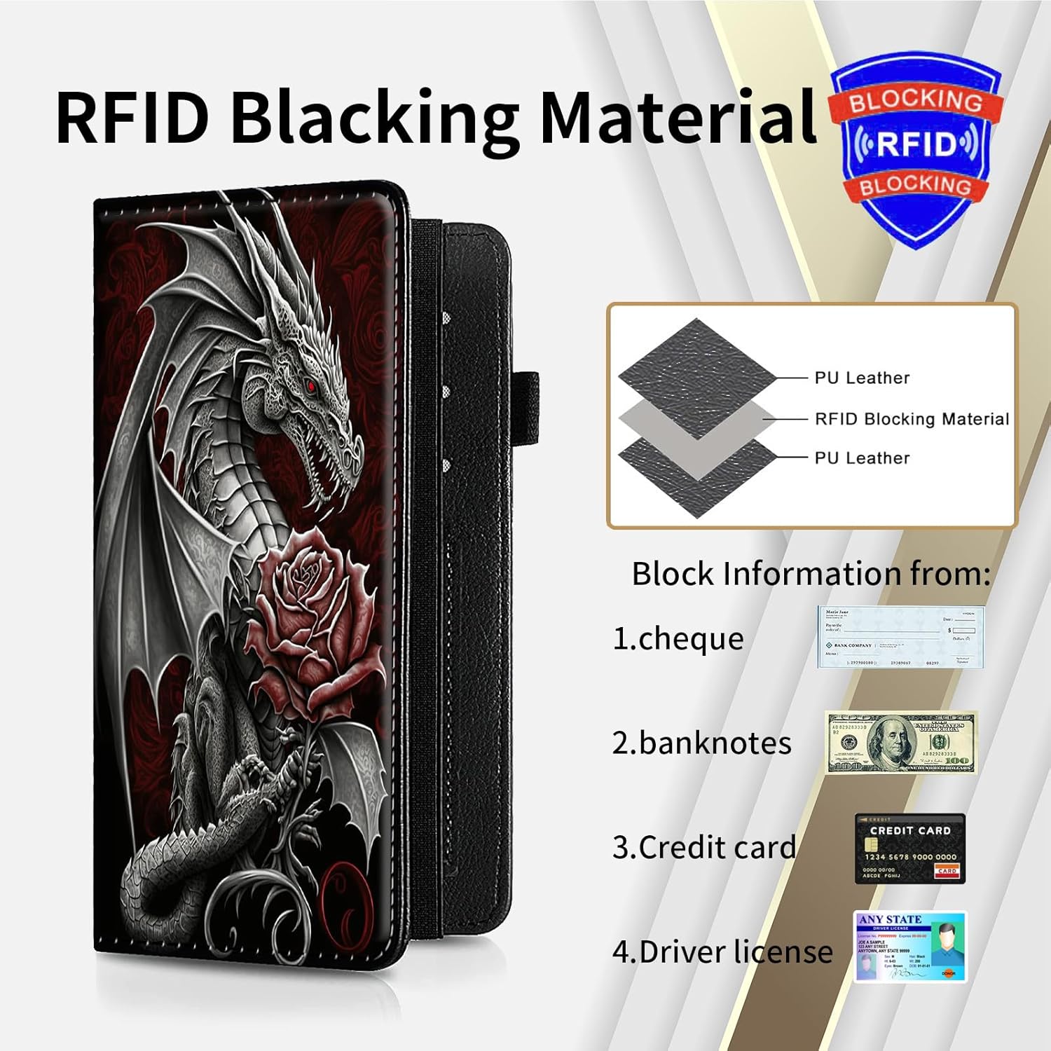 Checkbook Cover for Women Checkbook Holder Wallet,RFID Blocking Checkbook Case,Leather Men Check Book Holder Wallet with Elastic Strap Card Slots Pen Holder-Rose Dragon - Image 4