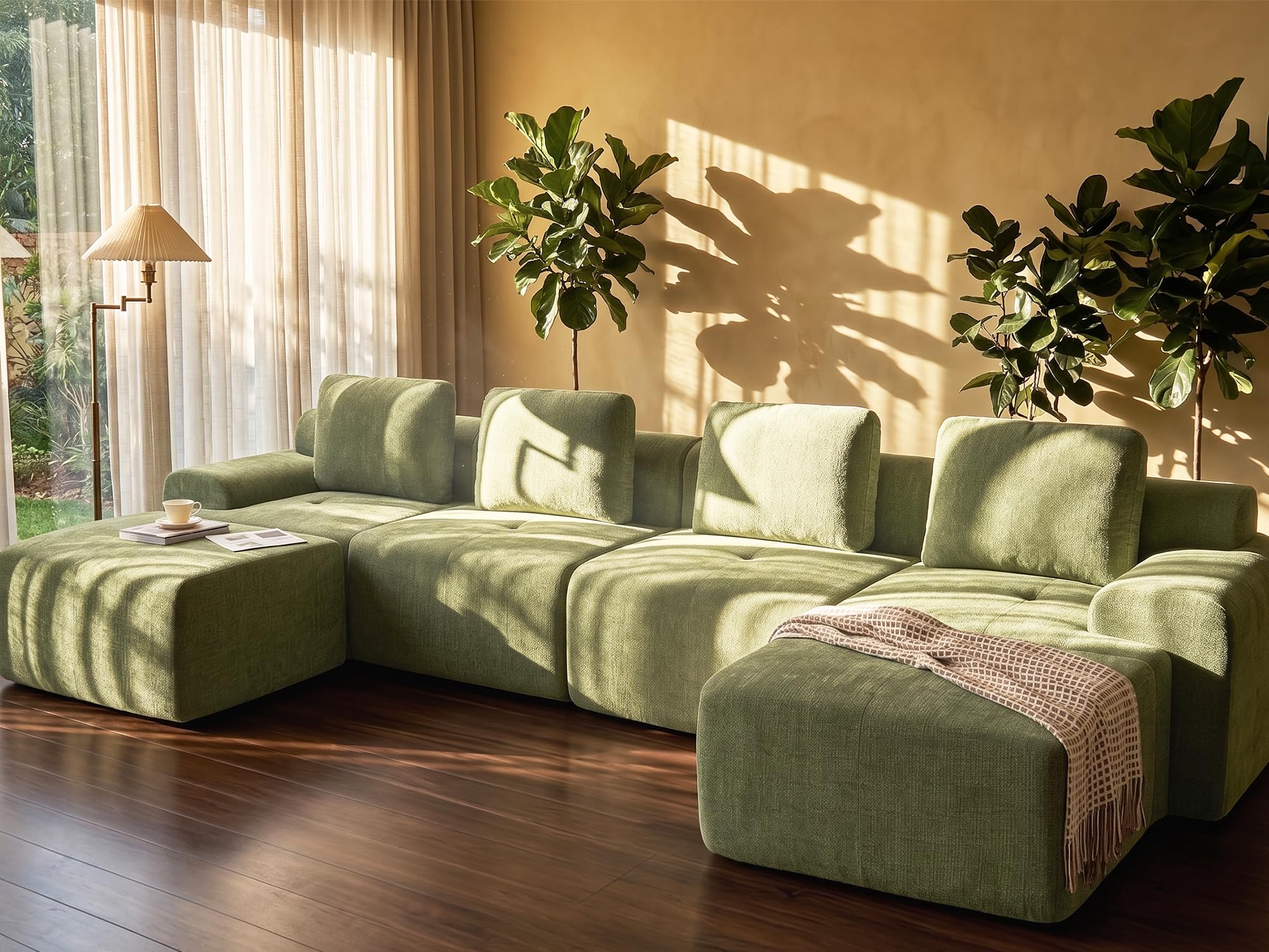 159" U Shaped Oversized Cloud Couch, Comfort Boneless Sectional Couches for Living Room, Modular Sofa High Back &amp; Extra Deep Seat, No Assembly, Chenille(Olive Green, 159 inch-U Shaped（4+2）)