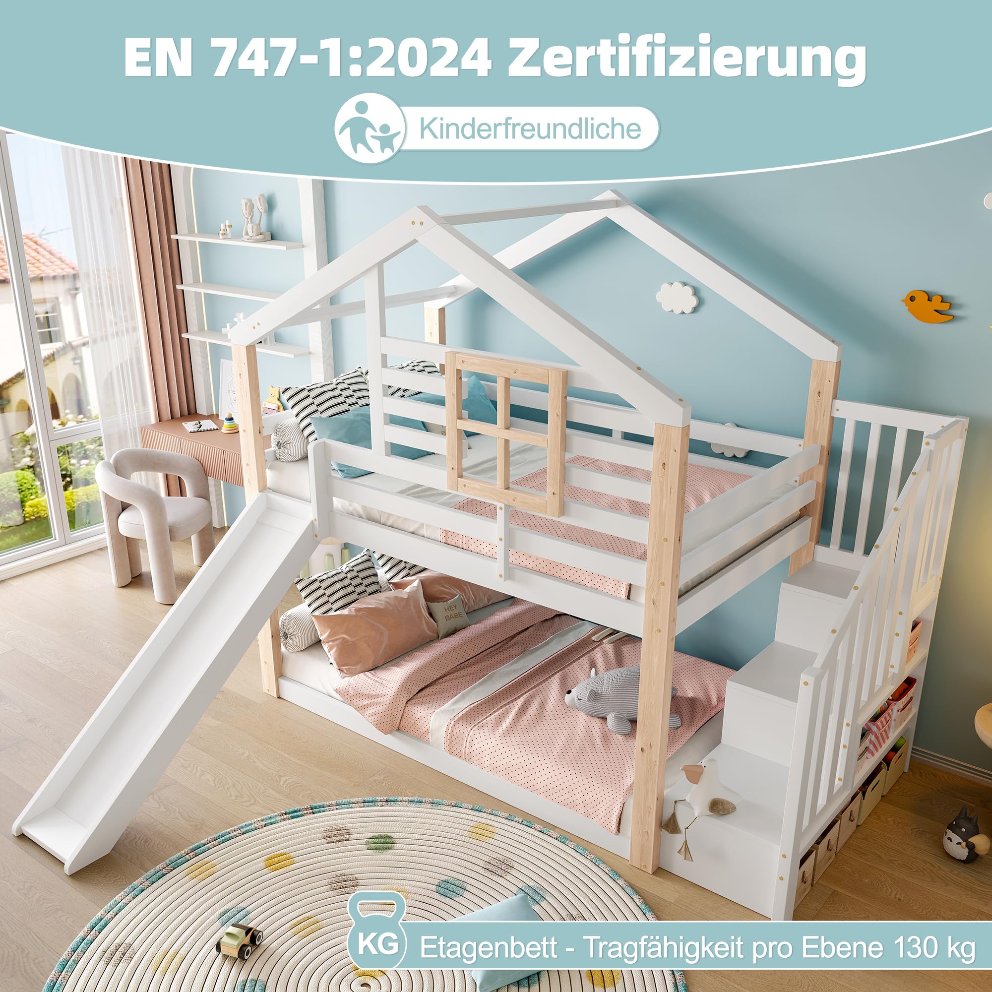 HESHU Kinderbett 90x200 cm, Etagenbett mit Rutsche, Treppe mit Ablagefach, Hausbett mit Fenster, Jugendbett, Bettgestell mit Lattenrost, Weiß+Natur, ohne Matratze
