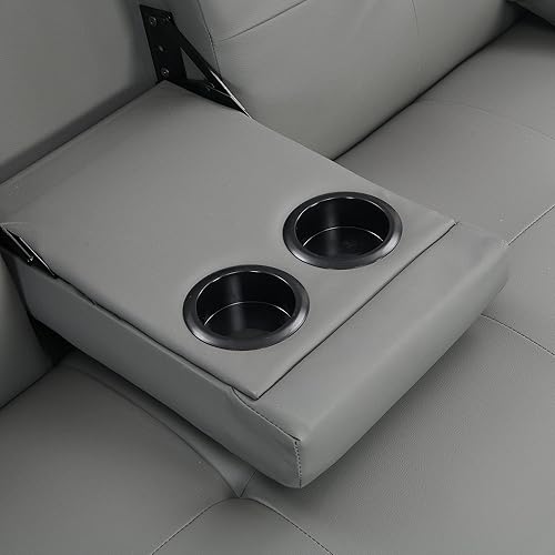 Miniatura 5 de Futón, sala de estar de cuero moderna, sofá biplaza plegable convertible, sofá cama extraíble con 2 portavasos con reposabrazos en el medio, gris