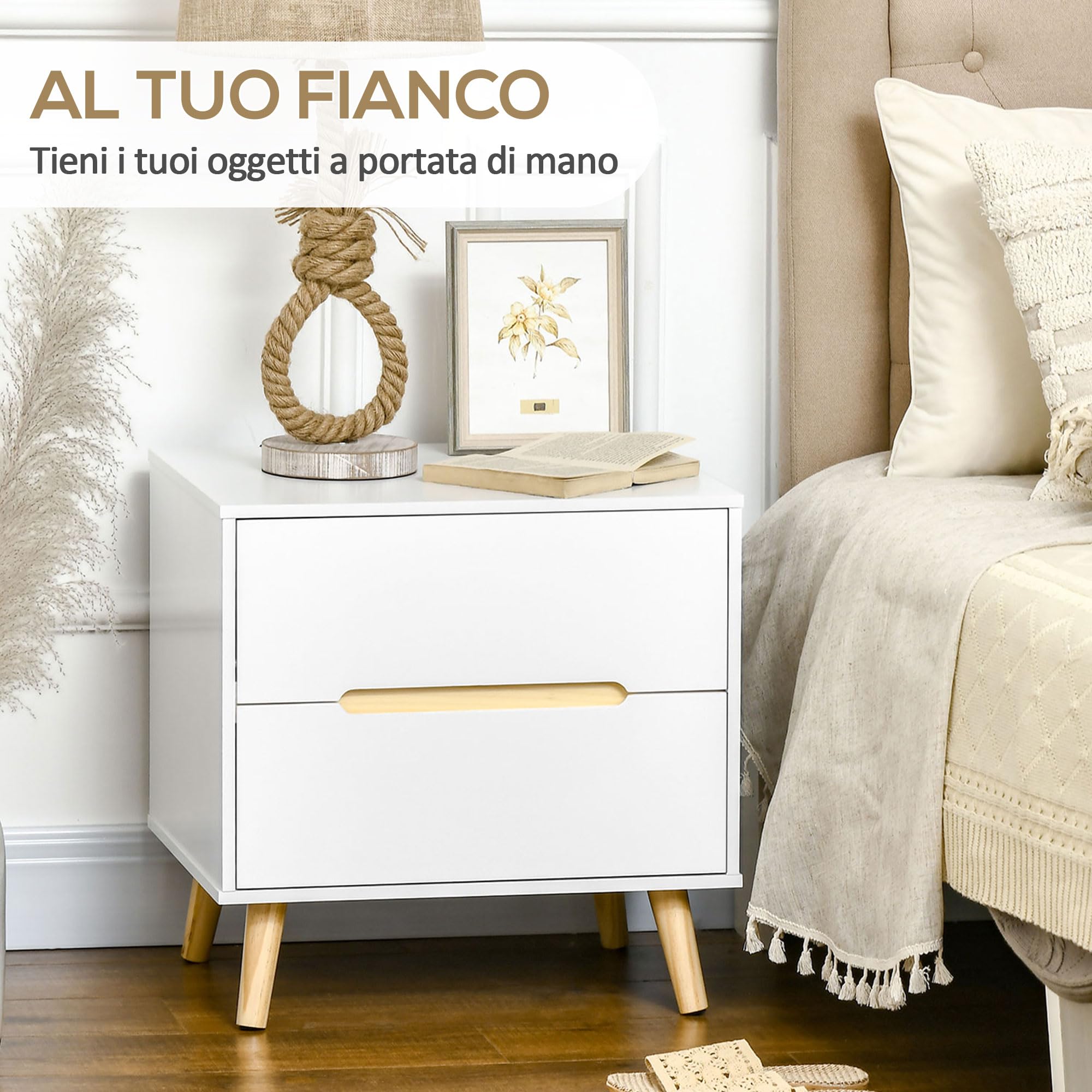 HOMCOM Mesita de Noche con 2 Cajones Patas 50x40x50,5 cm Blanco | Mesilla de Noche Moderno, Patas de Madera, Dormitorio Salón Cama Oficina